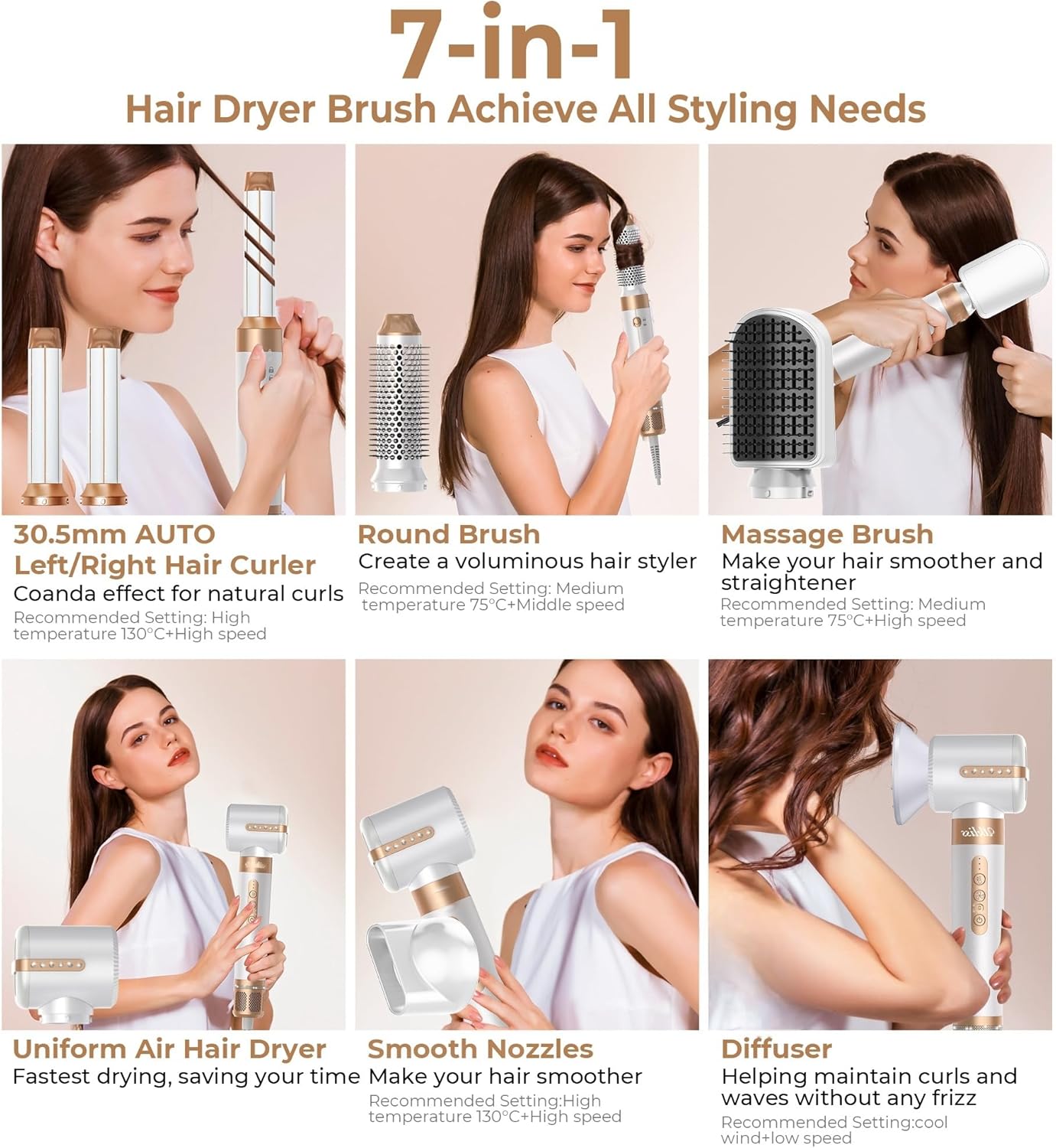 Blow Dryer Brush 7inONE,110000RPM High-Speed Negative Ionic Hair Dryer with Diffuser Concentrator,Curling Iron Hair Straightener Round Brush Blow Out Magic Styler,Volumizing Air Styler (White Gold) - Image 2