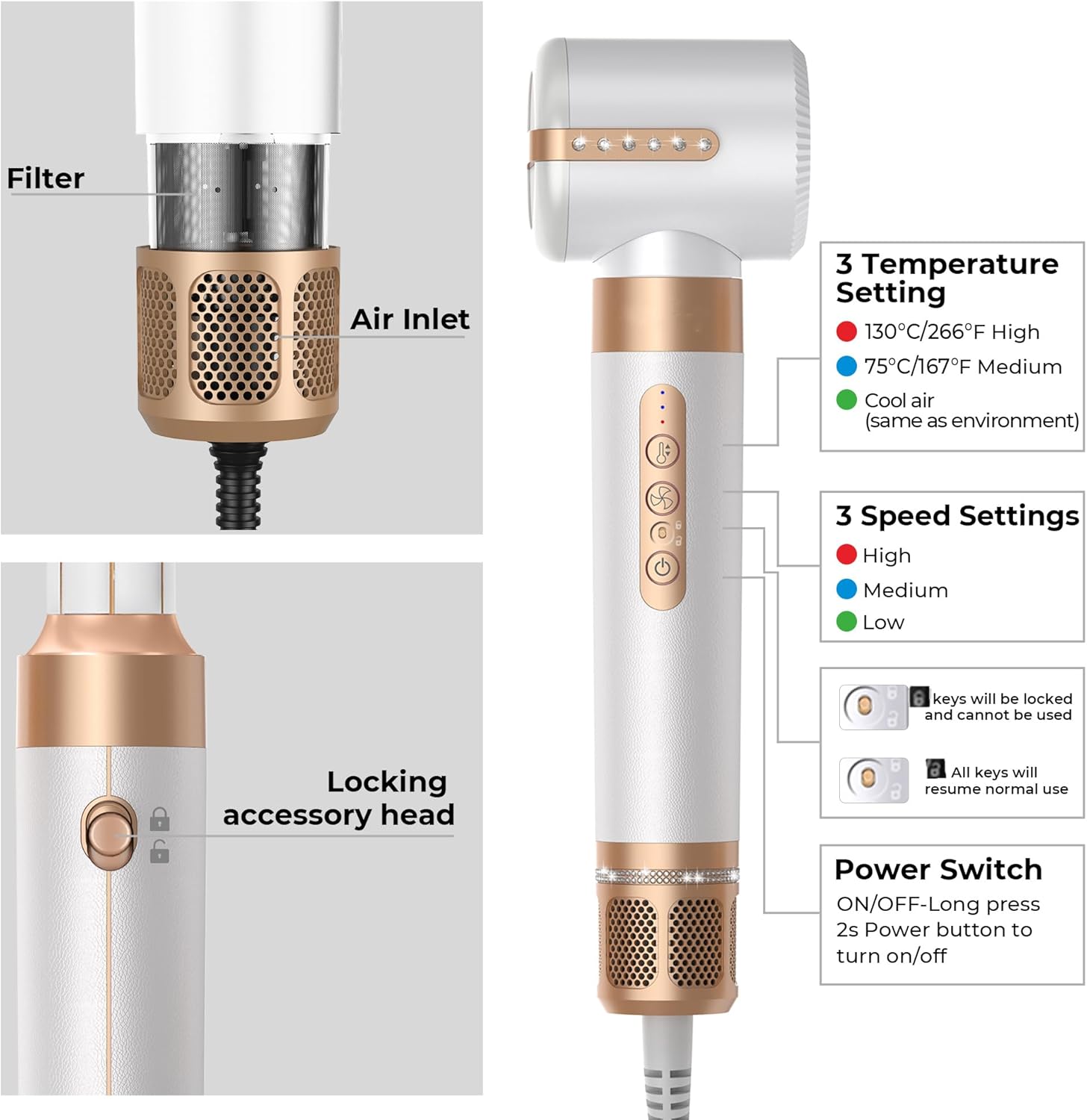 Blow Dryer Brush 7inONE,110000RPM High-Speed Negative Ionic Hair Dryer with Diffuser Concentrator,Curling Iron Hair Straightener Round Brush Blow Out Magic Styler,Volumizing Air Styler (White Gold) - Image 5
