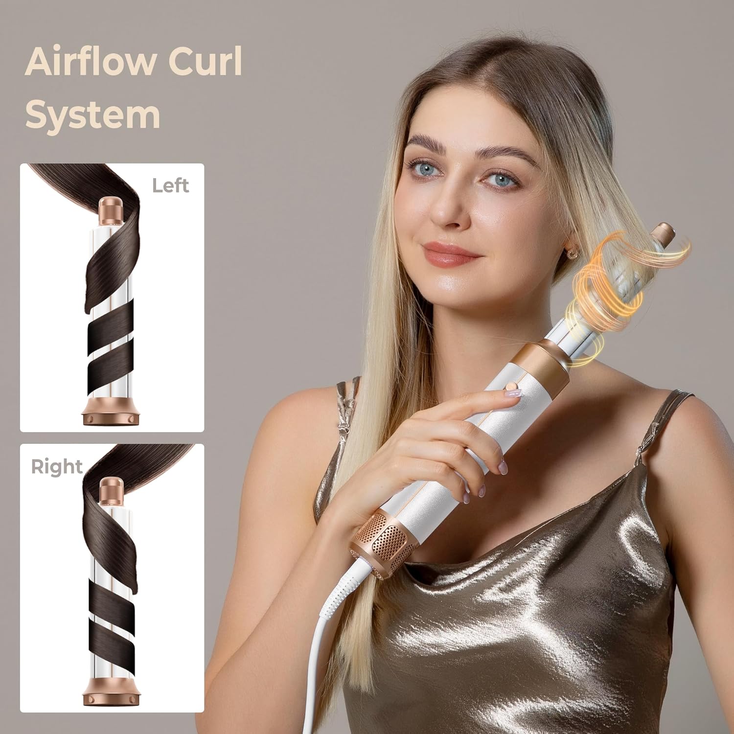 Blow Dryer Brush 7inONE,110000RPM High-Speed Negative Ionic Hair Dryer with Diffuser Concentrator,Curling Iron Hair Straightener Round Brush Blow Out Magic Styler,Volumizing Air Styler (White Gold) - Image 3