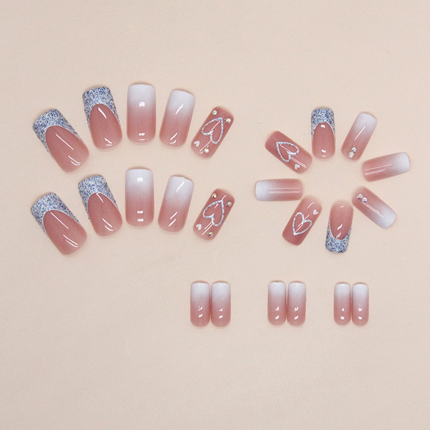 Blue Glitter French Tip Heart Press on Nails Medium Square Fake Nails Glossy Gradient False Nails with Rhinestones Design Reusable Stick on Nails Glue on Nails Acrylic Artificial Nails for Women - Image 3