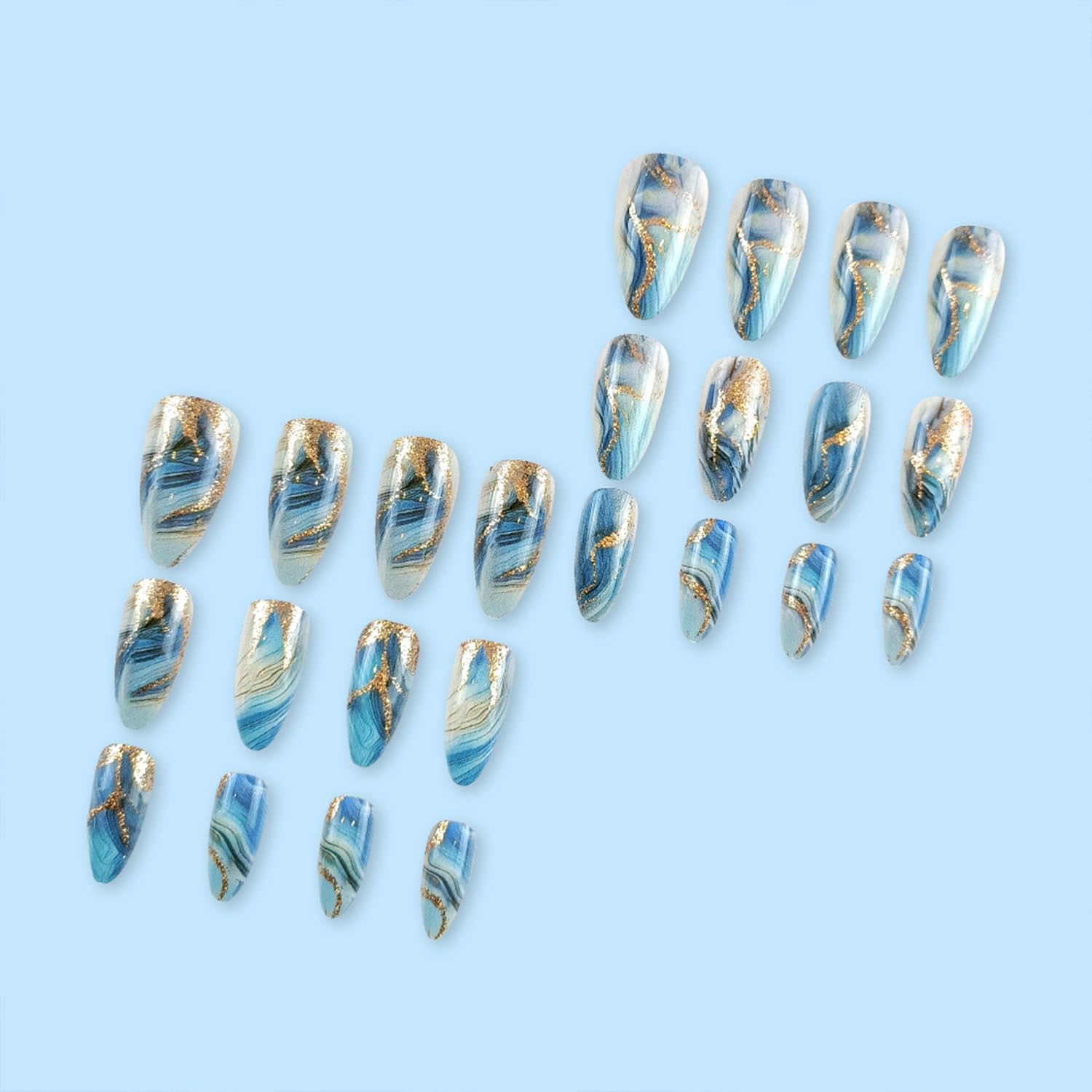 Blue Gradient Marble Press on Nails Gold Glitter Glue on Nails Long Almond False Nails Mirror Artificial Acrylic Nails for Women Girls - Image 4