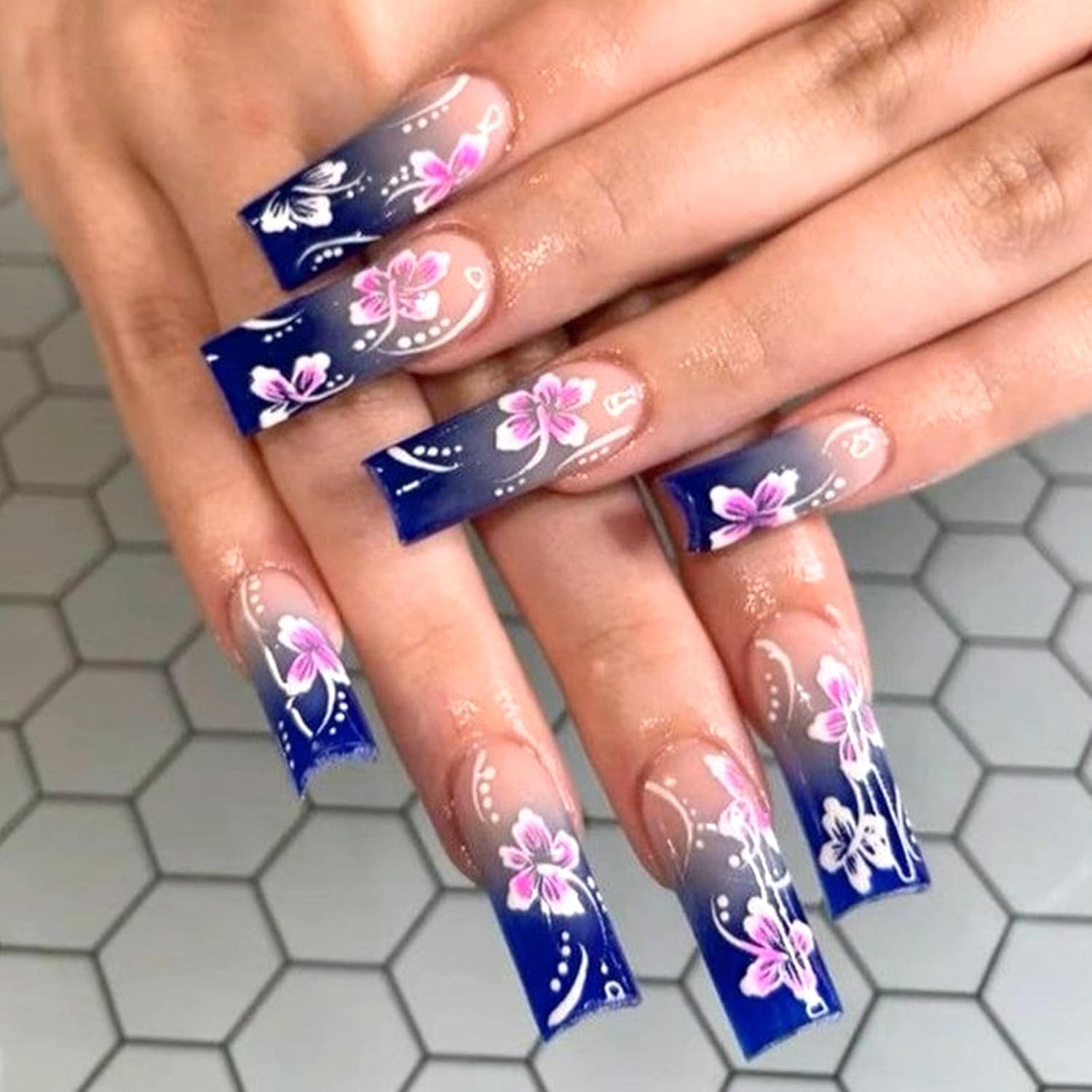 Blue Ombre French Nails Press ons Long Press on Nails Square Fake Nails with Flower Lines Polka Dots Design Glue on Nails Blue Pink Gradient False Nails Artificial Stick on Nails for Women 24Pcs