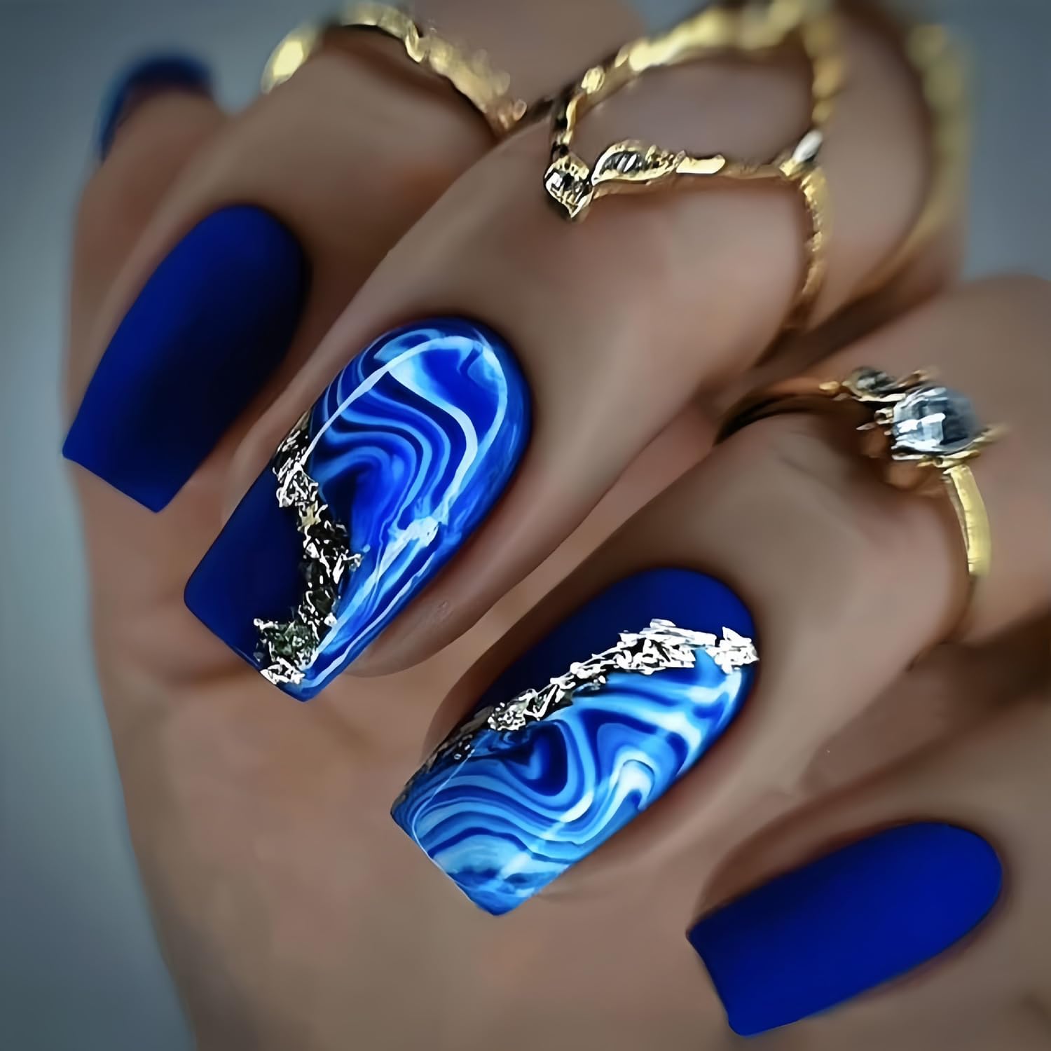 Blue Smudge False Nails Square Press on Nails Medium Length Silver Foil Stripe Design Glue on Nails Full Cover Artificial Nails Blue Fake Nails Acrylic Stick on Nails for Women 24Pcs