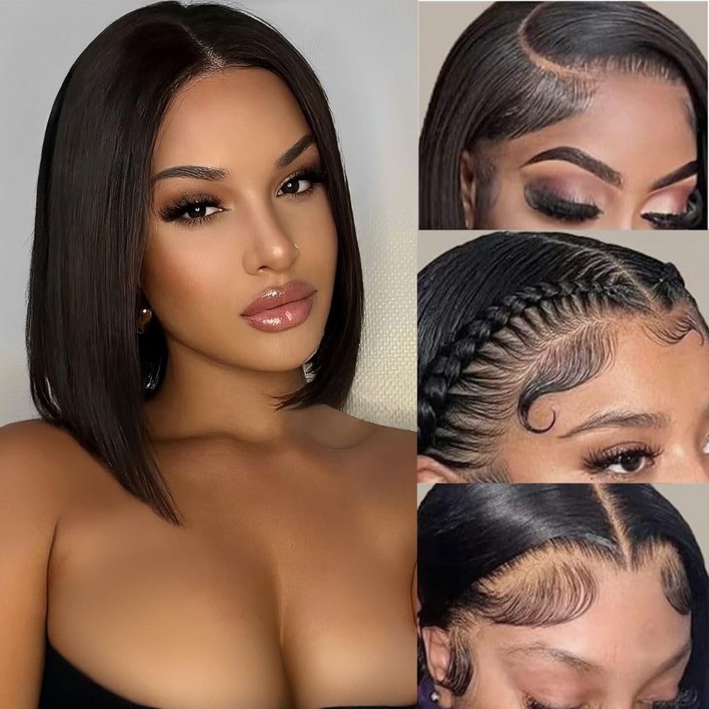 Bob Wig Human Hair 13x6 Frontal Lace Wig 200% Density Short Straight HD Lace Front Bob Wigs for Women Human Hair Glueless Pre Plucked Hairline with Baby Hair 12 Inch