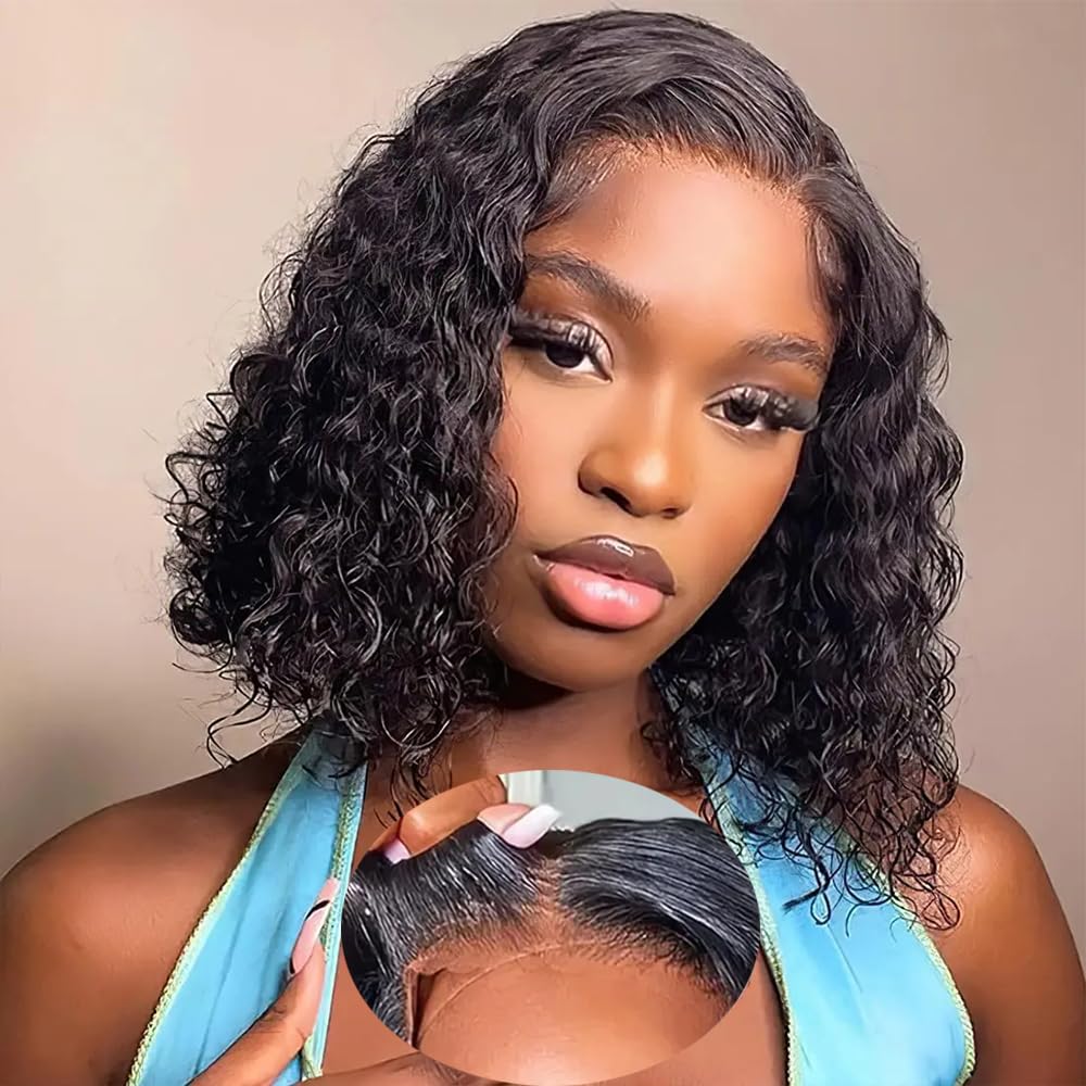 Bob Wig Human Hair Glueless 4x4 Water Wave Wigs Human Hair Glueless Wear and Go Bob Wig Pre Plucked Pre Cut Closure Short Curly Bob Wigs Natural Hairline 180% Density （12inch）