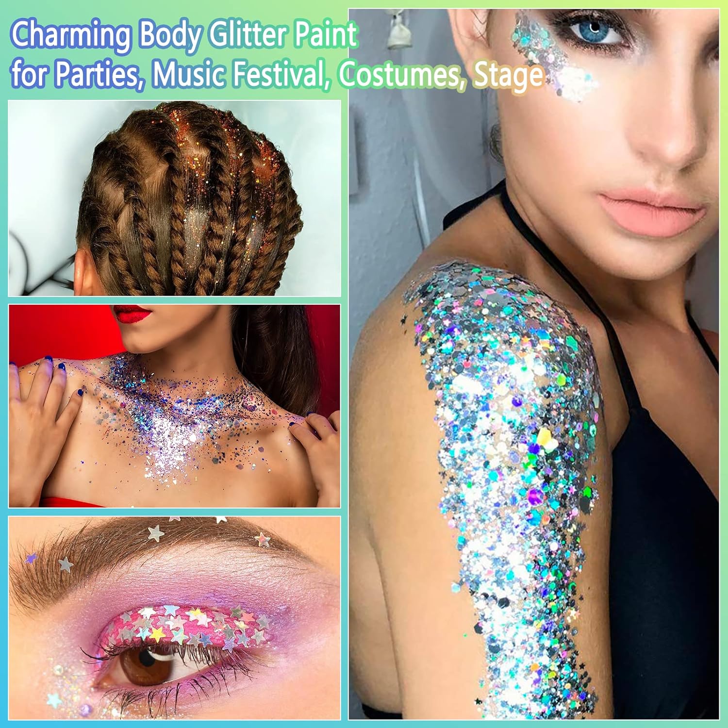 Body Glitter Gel,30ML Holographic Face Adhesive Mermaid Sequins Body Chunky Glitter Powder Liquid Lotion for Women Hair,Festival Carnival Makeup,Girls Stage,Rave Accessories - Metal Violet - Image 7