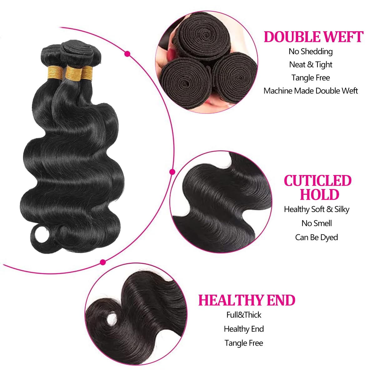Body Wave Bundles Human Hair 14 16 18 Inch Human Hair Bundle 100% Unprocessed Brazilian Virgin Hair 3 Bundles Human Hair Extensions for Black Women Natural Color - Image 2