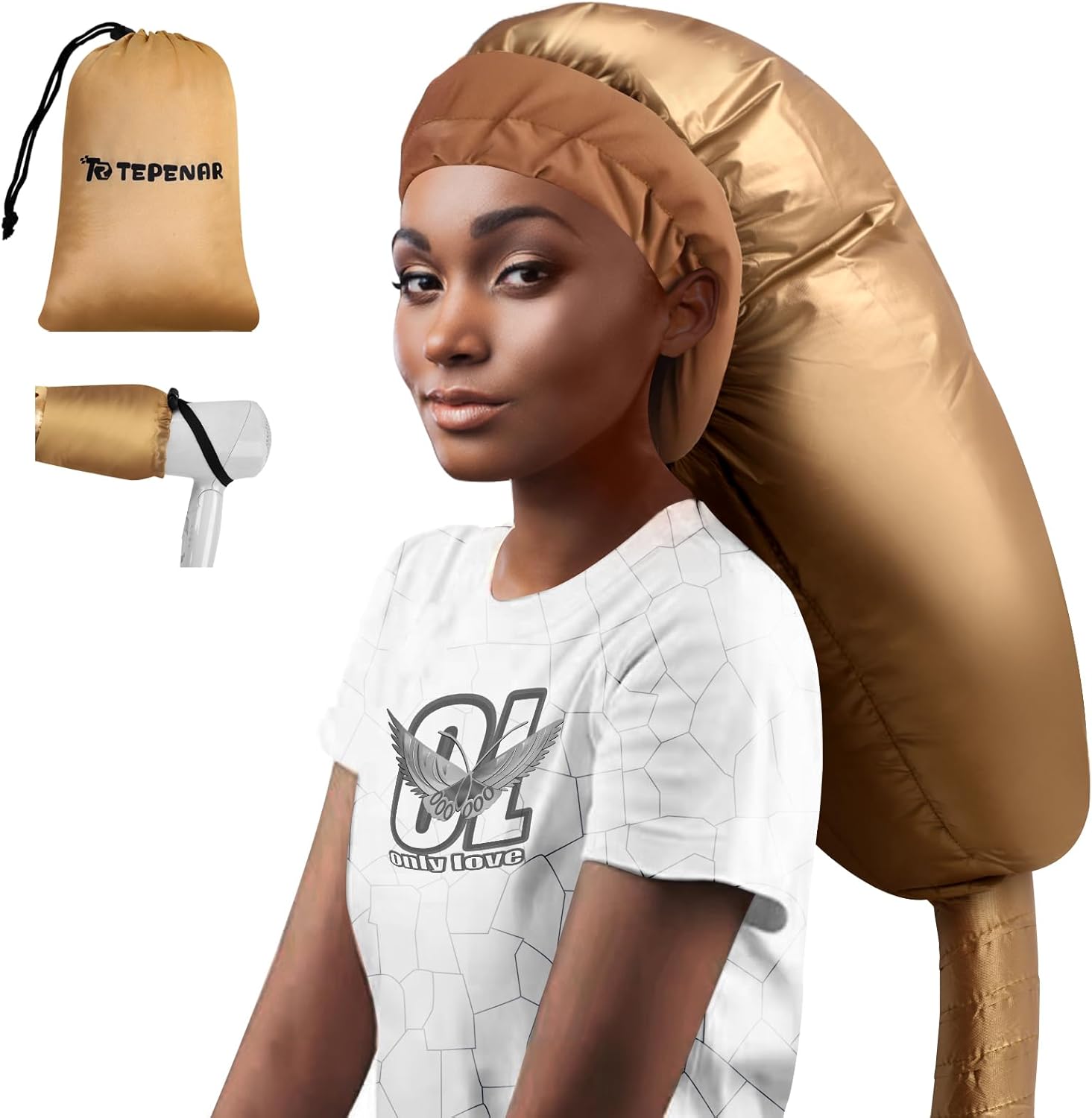Bonnet Hair Dryer Attachment: Upgraded Extra Large Adjustable Hair Dryer Cap - Easy to Use for Natural Curly Textured Hair Care Styling Fast Drying - Gold
