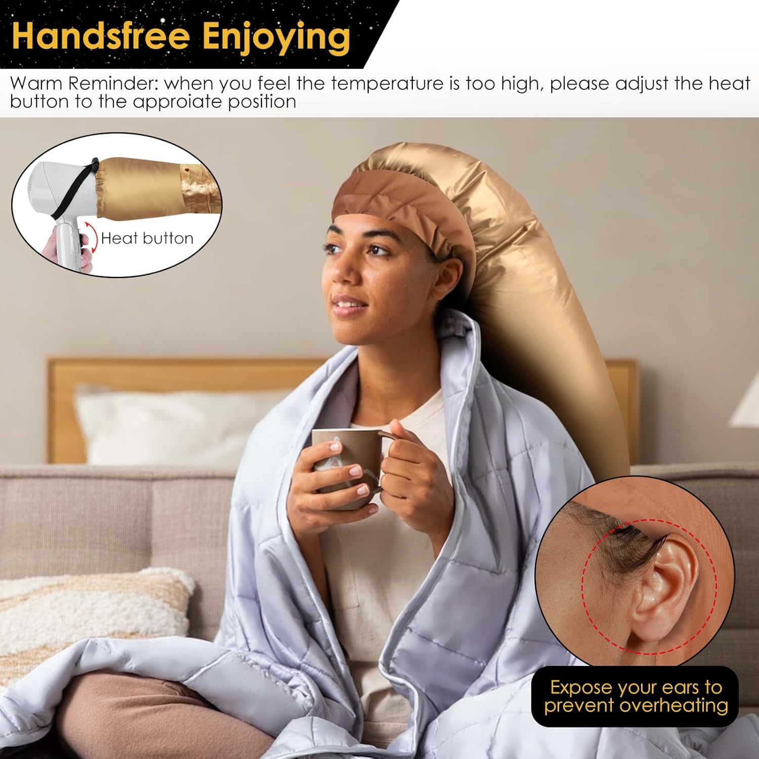 Bonnet Hair Dryer Attachment: Upgraded Extra Large Adjustable Hair Dryer Cap - Easy to Use for Natural Curly Textured Hair Care Styling Fast Drying - Gold - Image 5