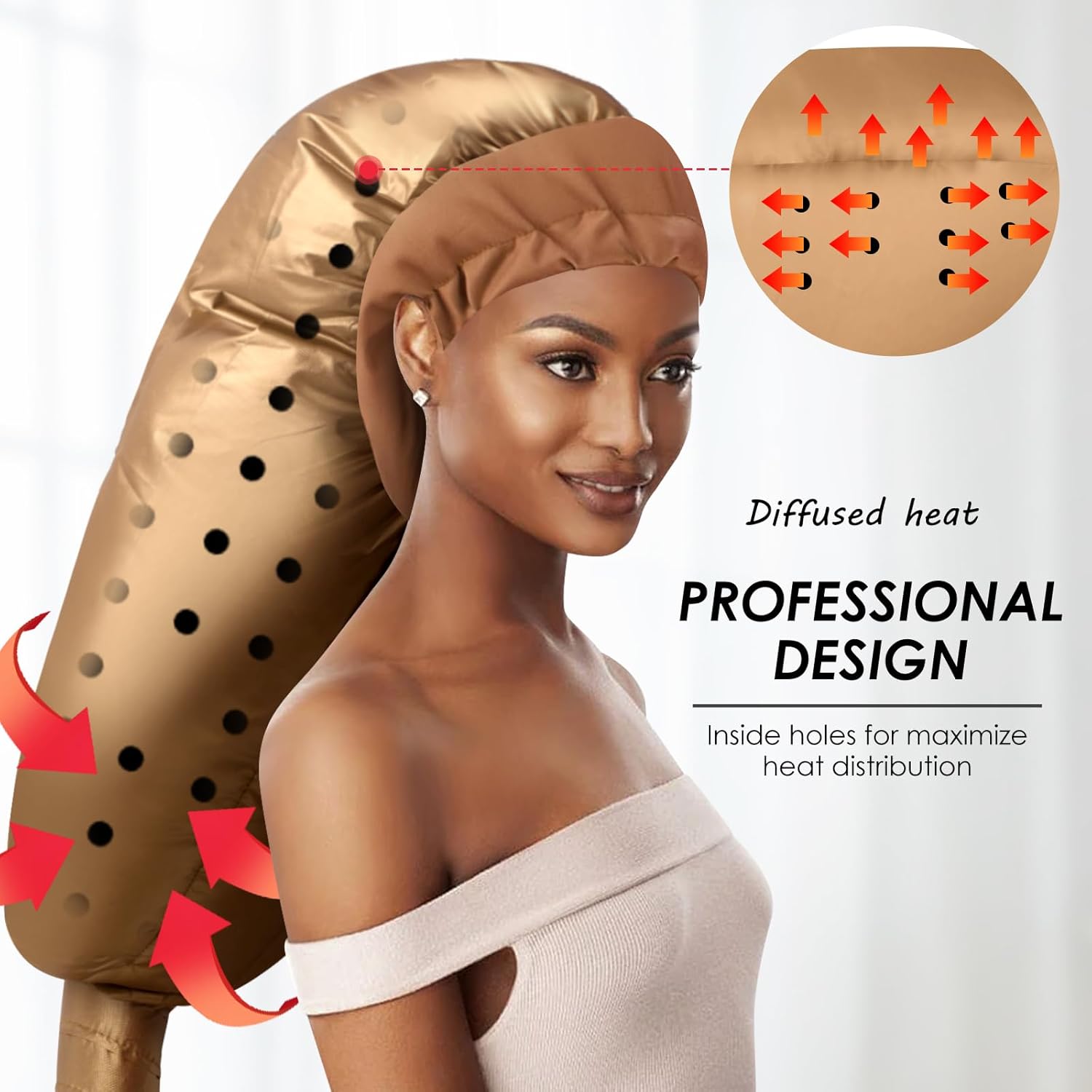 Bonnet Hair Dryer Attachment: Upgraded Extra Large Adjustable Hair Dryer Cap - Easy to Use for Natural Curly Textured Hair Care Styling Fast Drying - Gold - Image 4