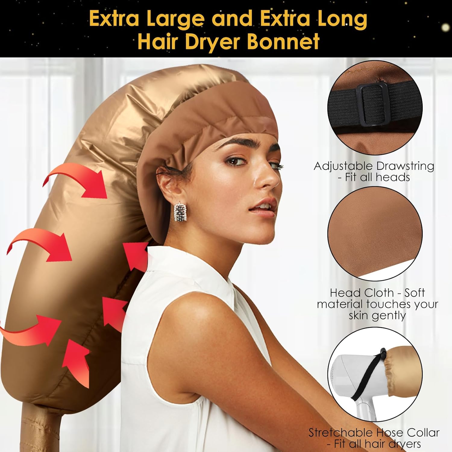 Bonnet Hair Dryer Attachment: Upgraded Extra Large Adjustable Hair Dryer Cap - Easy to Use for Natural Curly Textured Hair Care Styling Fast Drying - Gold - Image 2