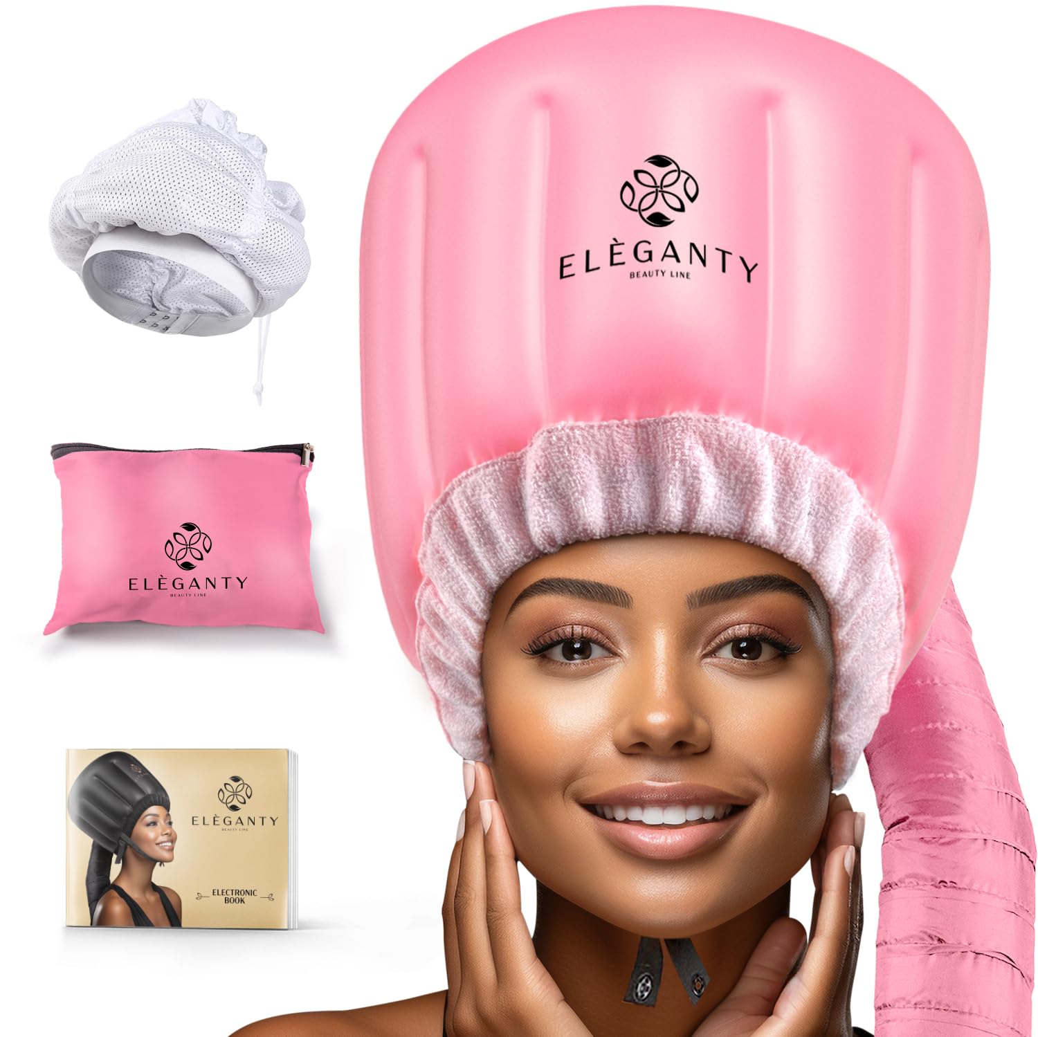 Bonnet Hairdryer Attachment - Integrated Elastic Headband That Reduces Heat Around Ears & Neck - Hooded Hair Dryer Diffuser Cap - Easy to Use for Deep Conditioning and Fast Hair Drying (Rose Gold)