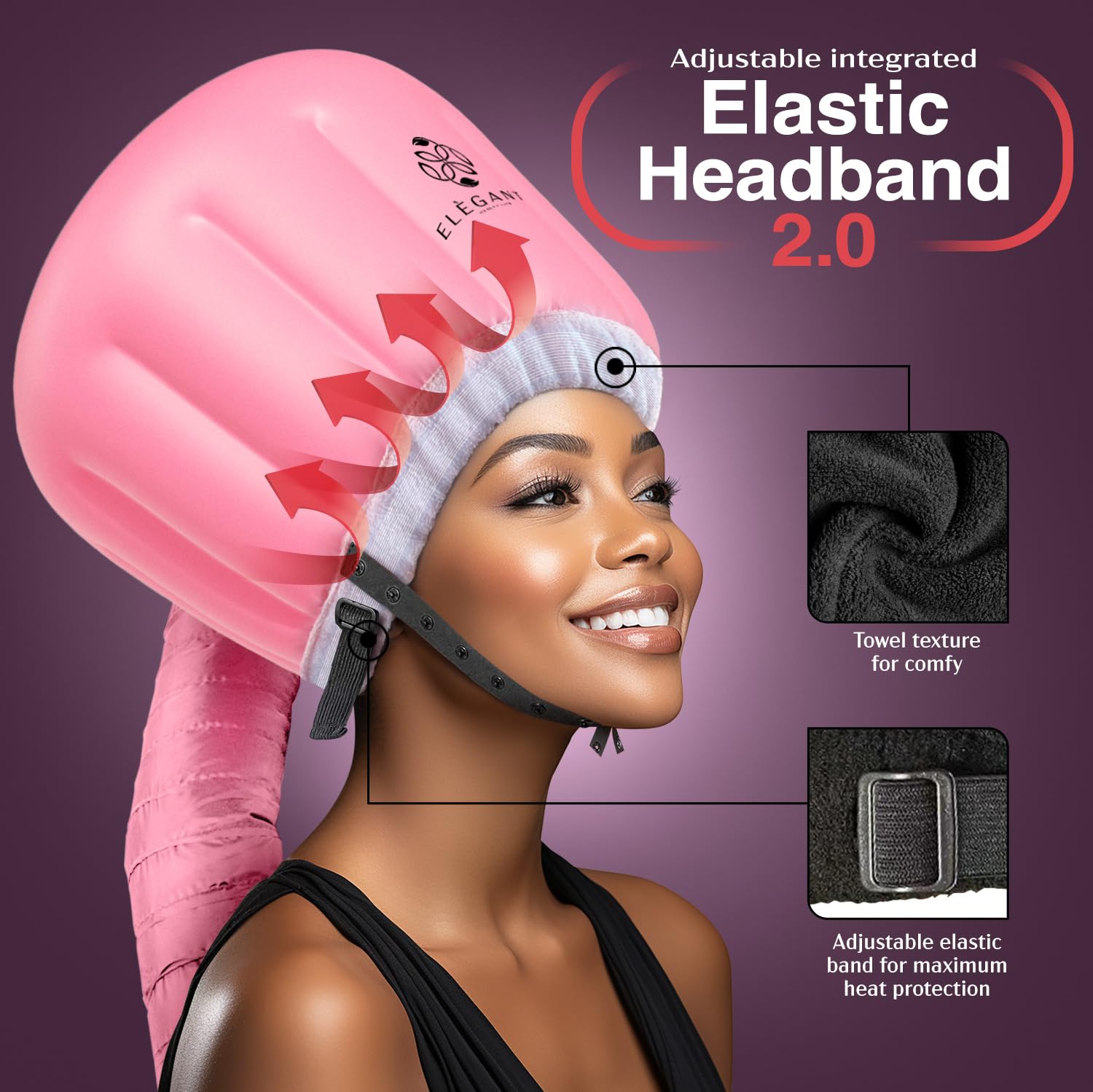 Bonnet Hairdryer Attachment - Integrated Elastic Headband That Reduces Heat Around Ears & Neck - Hooded Hair Dryer Diffuser Cap - Easy to Use for Deep Conditioning and Fast Hair Drying (Rose Gold) - Image 4