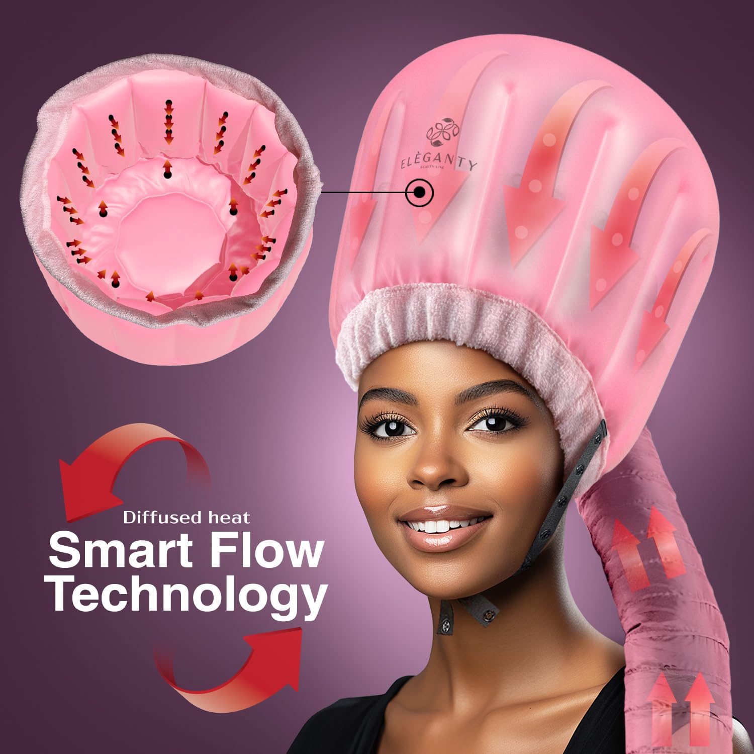Bonnet Hairdryer Attachment - Integrated Elastic Headband That Reduces Heat Around Ears & Neck - Hooded Hair Dryer Diffuser Cap - Easy to Use for Deep Conditioning and Fast Hair Drying (Rose Gold) - Image 2