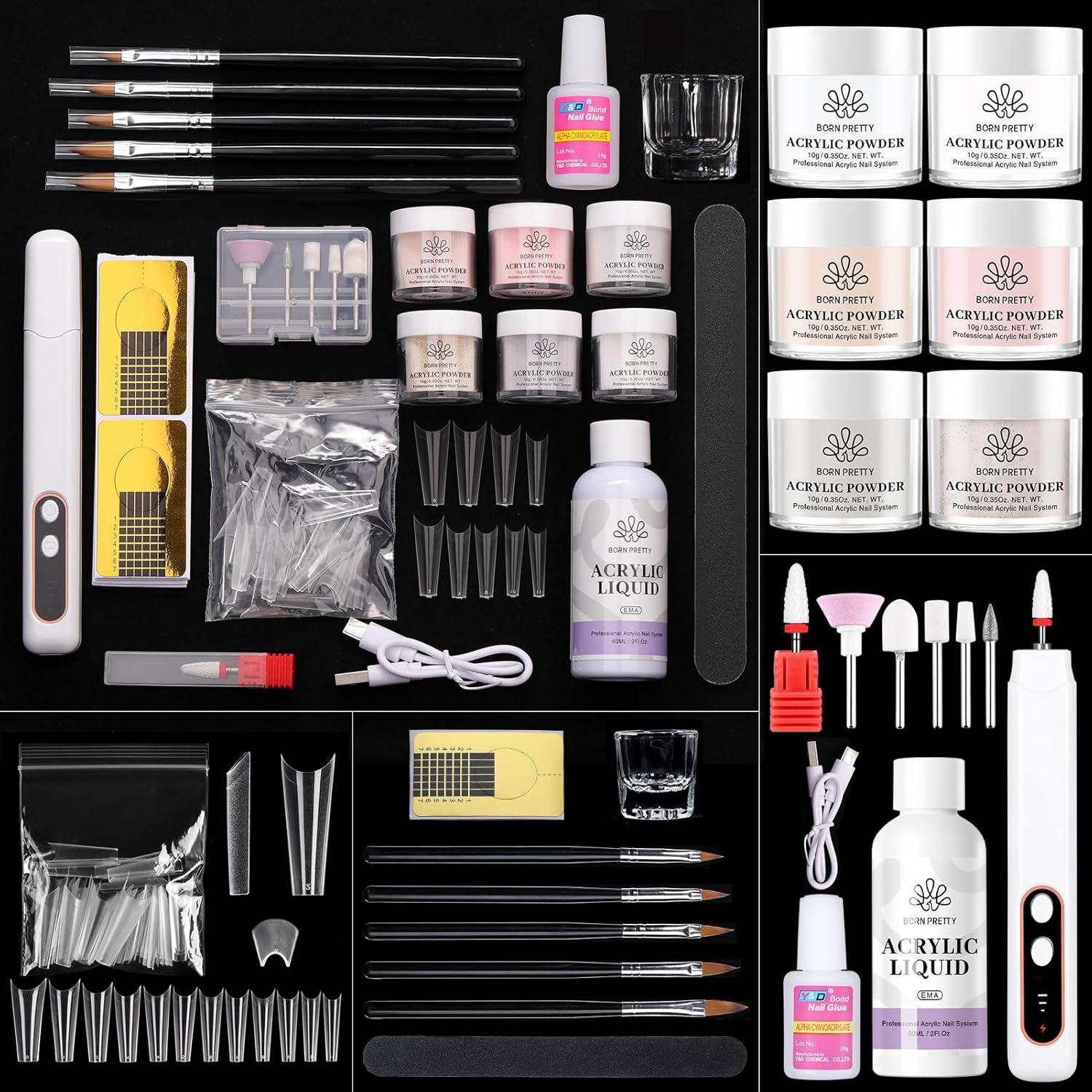 BORN PRETTY Acrylic Nail Kit with Drill - 92Pcs Acrylic Powder Set for Beginners, Includes Powder, Liquid, Tools for DIY Salon at Home