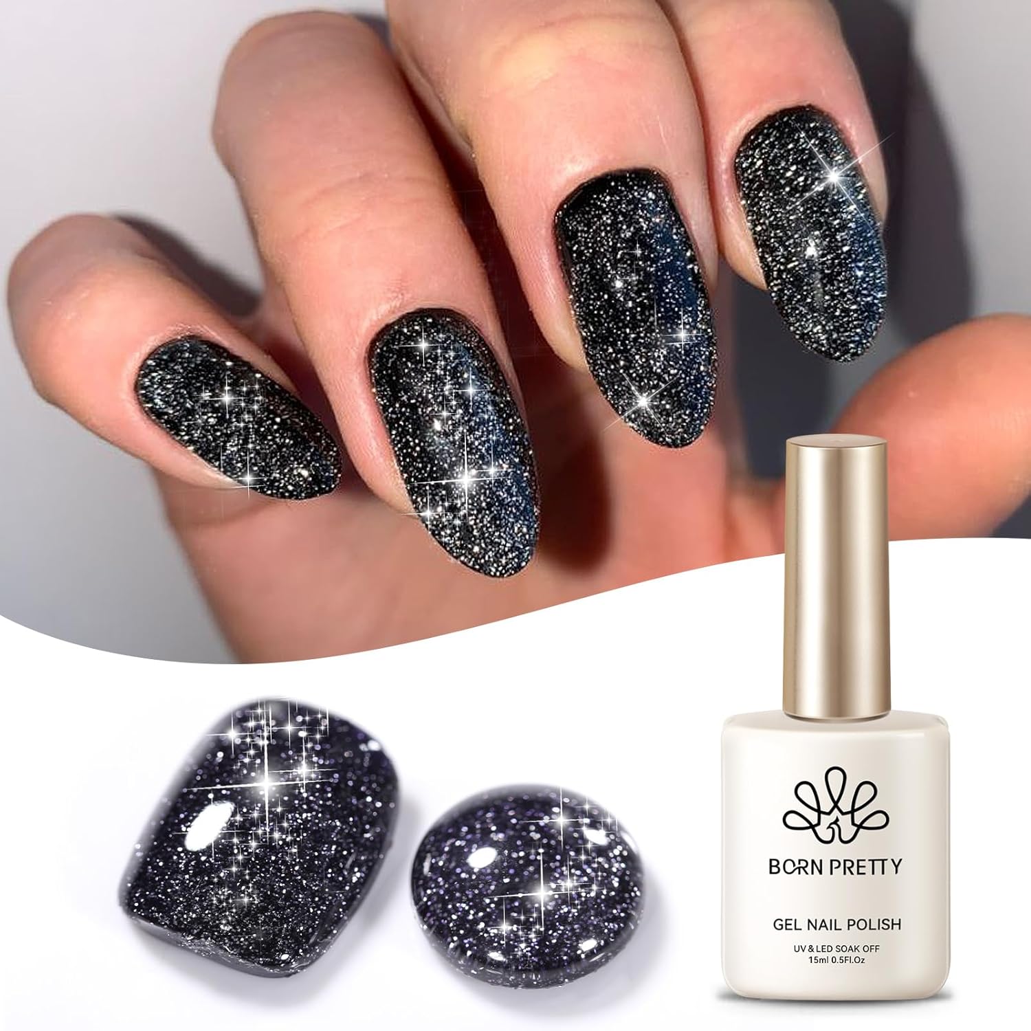 Born Pretty Black Reflective Glitter Gel Nail Polish Set for Christmas Nails Holographic Sparkle Glitter Gel Flash Soak Off Manicure Kit Gift