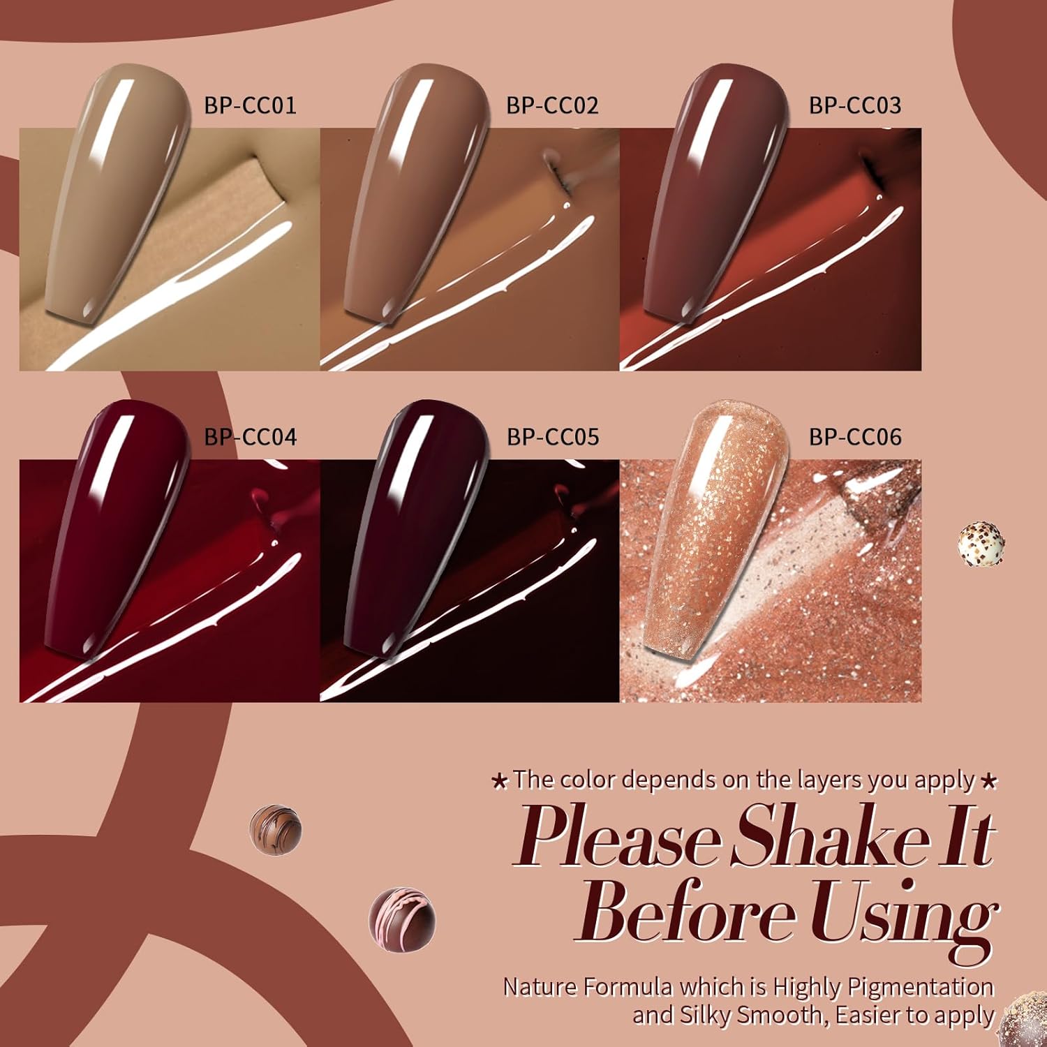 Born Pretty Fall Winter Gel Nail Polish Burgundy Wine Red Caramel Brown Coffee Autumn Gel Polish Set Gel Nail Kit Christmas Gift Nail Art Manicure Collection 6PCS 7ML - Image 2