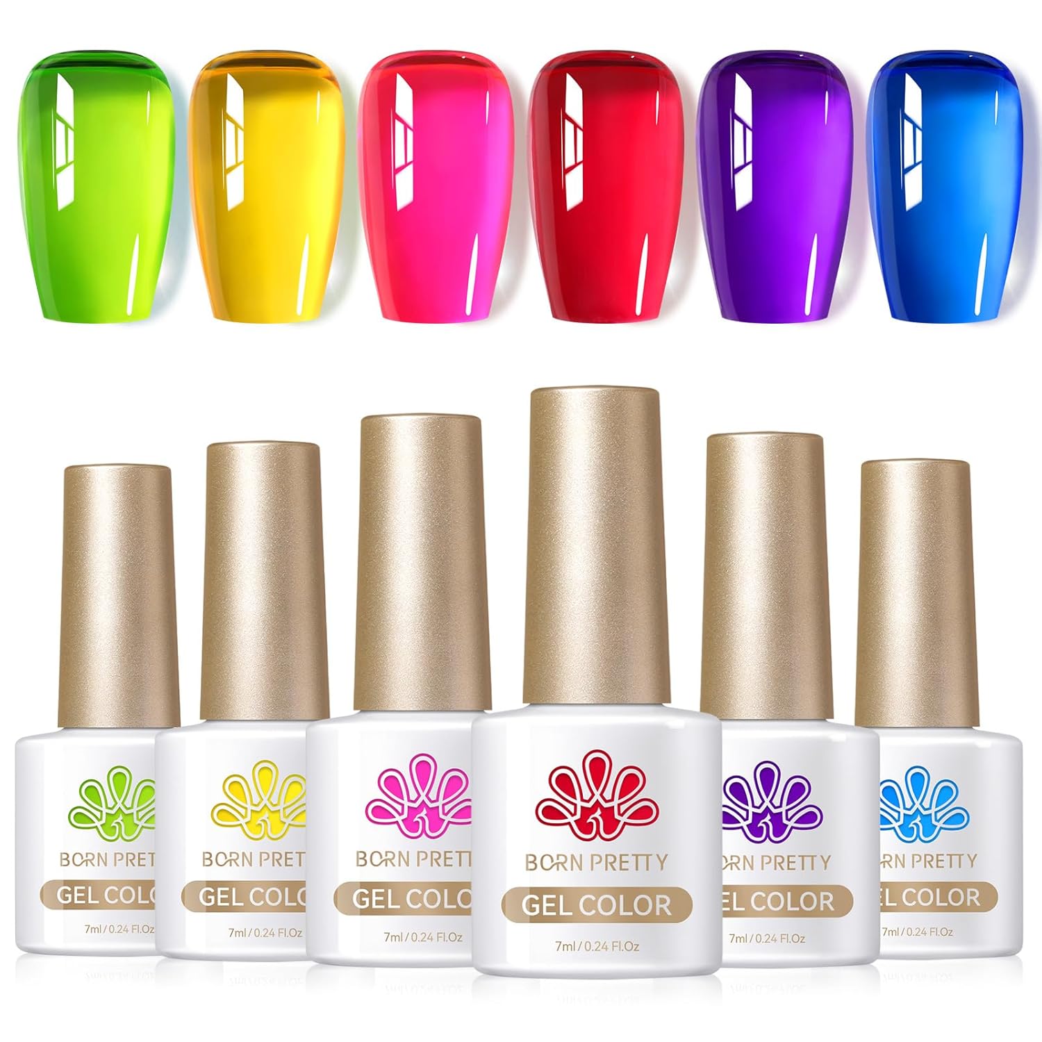 Born Pretty Jelly Gel Nail Polish,Neon Summer Transparent Crystal Sheer Gel Polish,Hot Pink Blue Green Yellow Red Purple 6Colors,Soak Off U V Light Cure Gel Polish Kit for Salon&Nail Art DIY at Home