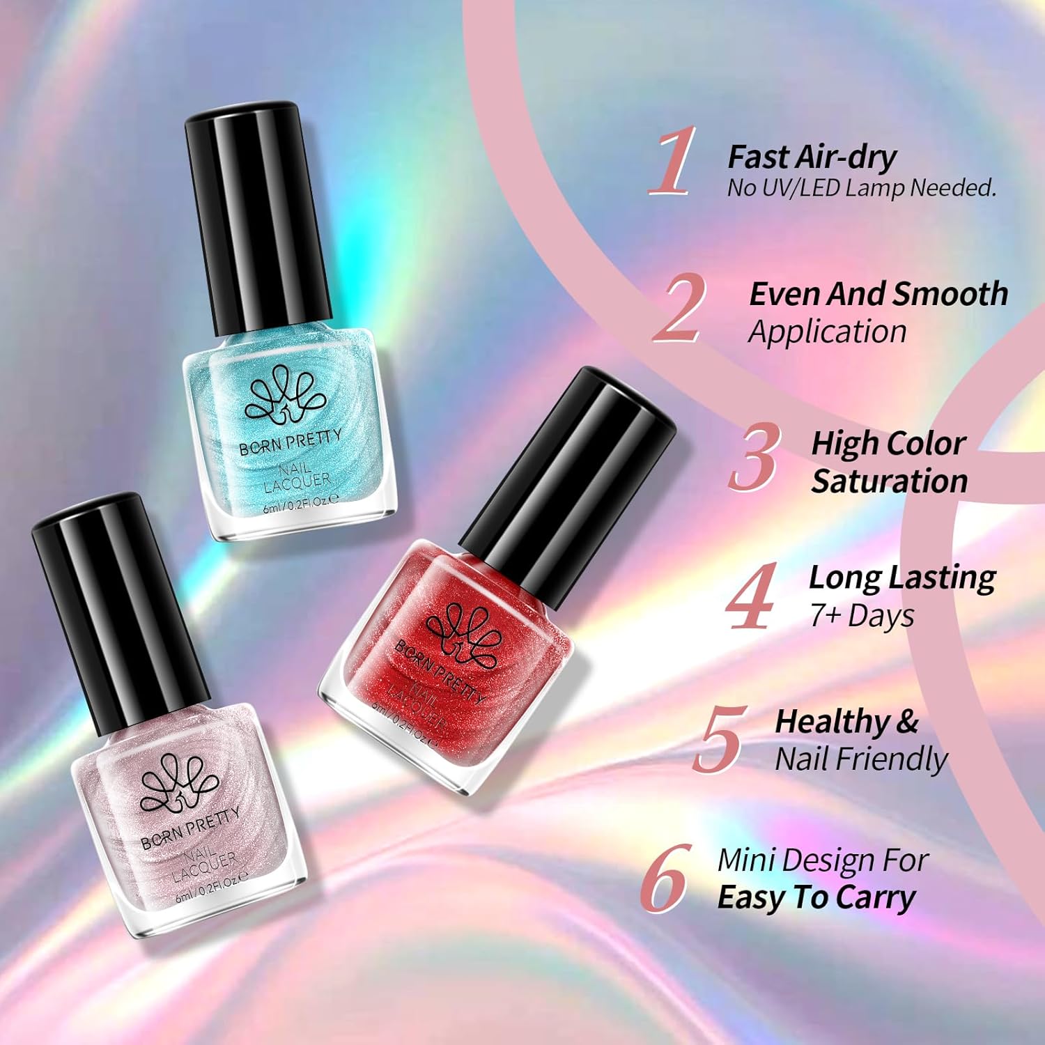 Born Pretty Metallic Nail Polish Set, 15 Colors Metallic Mirror Quick Dry Nail Polish Red Pink Gold Silver Purple Chrome Holographic Regular Nail Polish Nail Lacquer Fingernail Glossy Nail Polish Set - Image 9