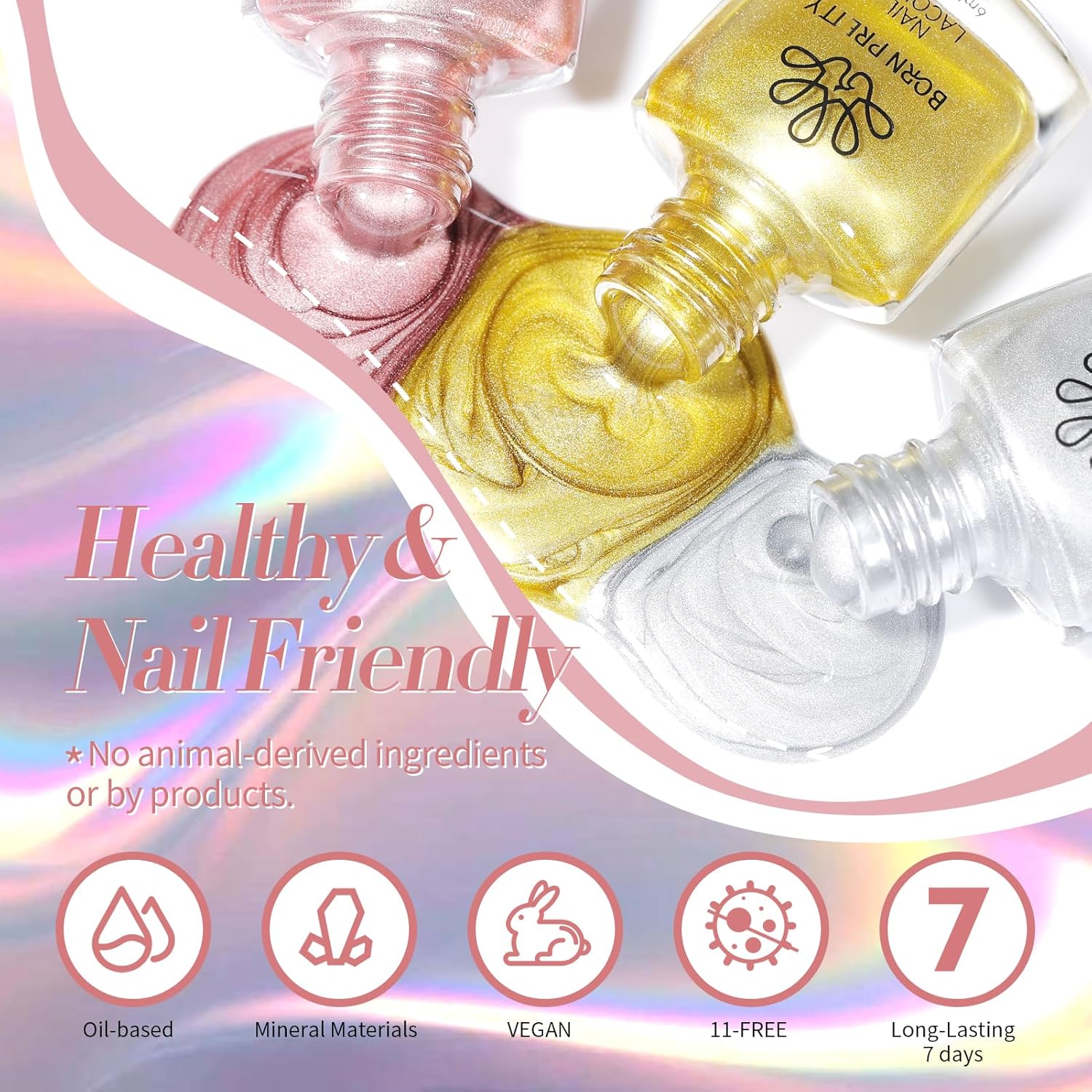 Born Pretty Metallic Nail Polish Set, 15 Colors Metallic Mirror Quick Dry Nail Polish Red Pink Gold Silver Purple Chrome Holographic Regular Nail Polish Nail Lacquer Fingernail Glossy Nail Polish Set - Image 8