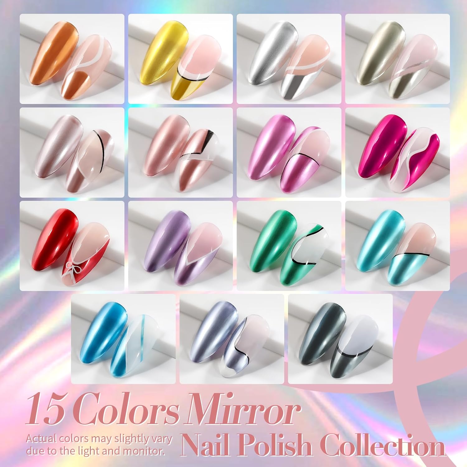 Born Pretty Metallic Nail Polish Set, 15 Colors Metallic Mirror Quick Dry Nail Polish Red Pink Gold Silver Purple Chrome Holographic Regular Nail Polish Nail Lacquer Fingernail Glossy Nail Polish Set - Image 7