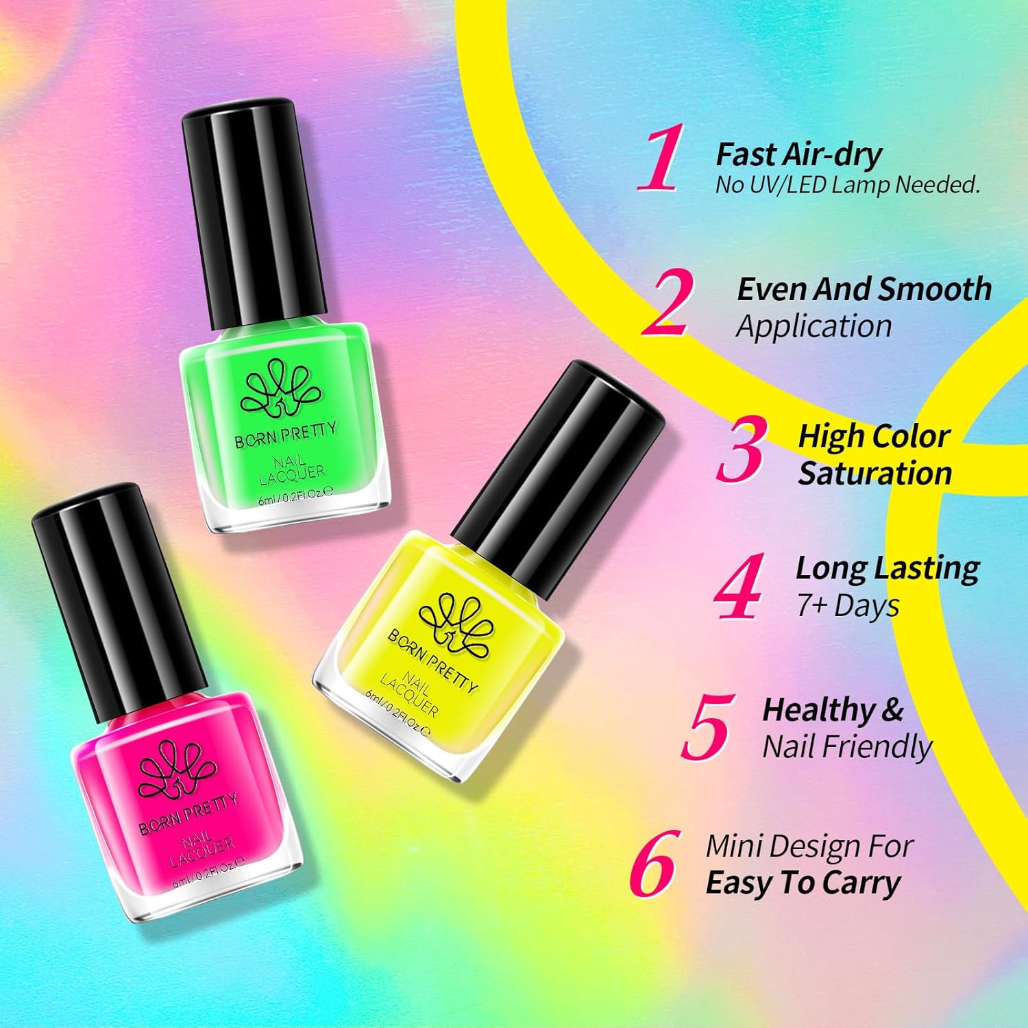 Born Pretty Neon Nail Polish Set, 15 Colors Spring Summer Nail Polish Quick Dry Nail Polish Kit Hot Pink Yellow Green Blue Nail Lacquer Glossy Nail Polish Manicure Set - Image 8