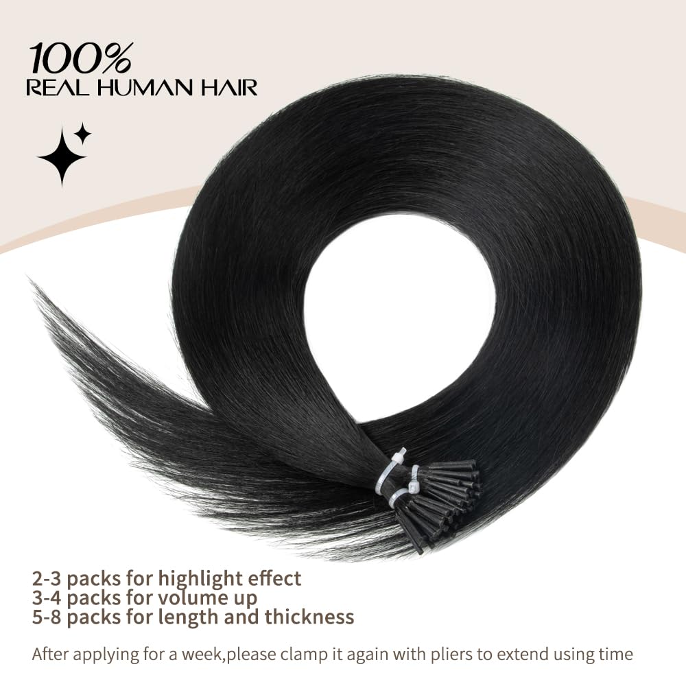Boymia I Tip Hair Extensions Human Hair 16 Inch #1B Nature Black 50strands Human Hair Comfortable Wear I Tip Human Hair Extensions Long Straight Hair Invisible Silky Straight - Image 3
