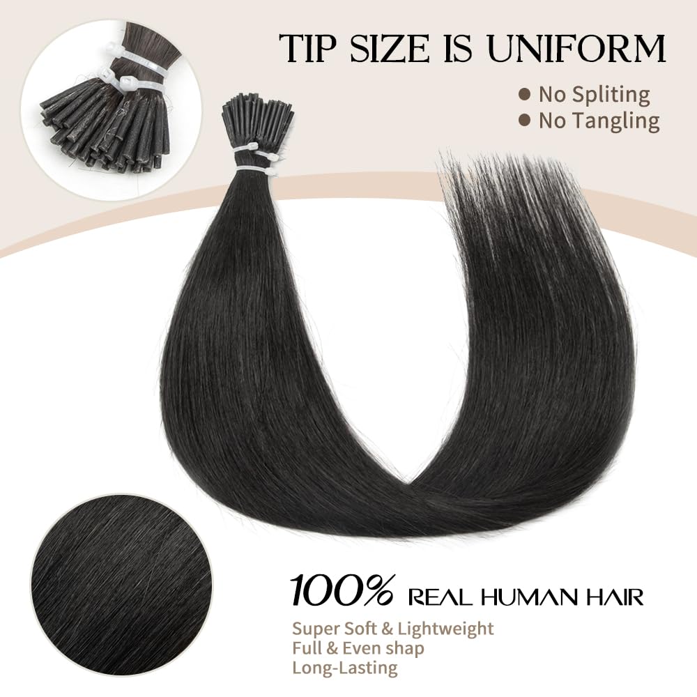 Boymia I Tip Hair Extensions Human Hair 16 Inch #1B Nature Black 50strands Human Hair Comfortable Wear I Tip Human Hair Extensions Long Straight Hair Invisible Silky Straight - Image 2