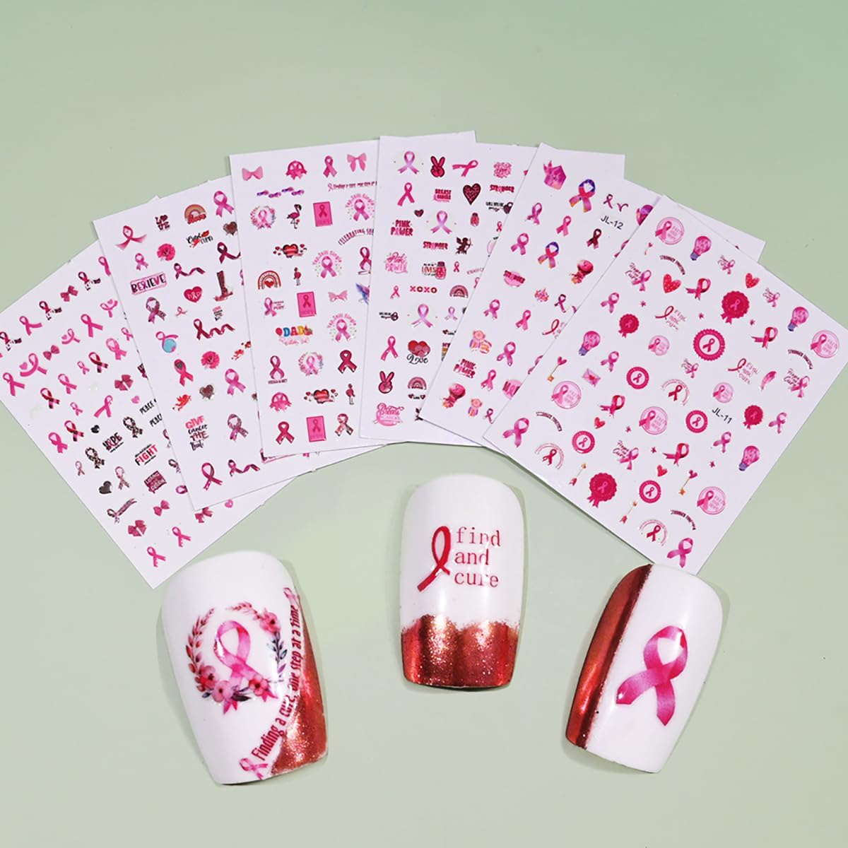 Breast Cancer Nail Art Stickers Pink Ribbon Nail Decals 3D Love Heart Bow Self-Adhesive Nail Design Sticker Breast Cancer Awareness Nail Art Supplies Sticker for Women DIY Manicure Decor Tips 6Sheets - Image 7