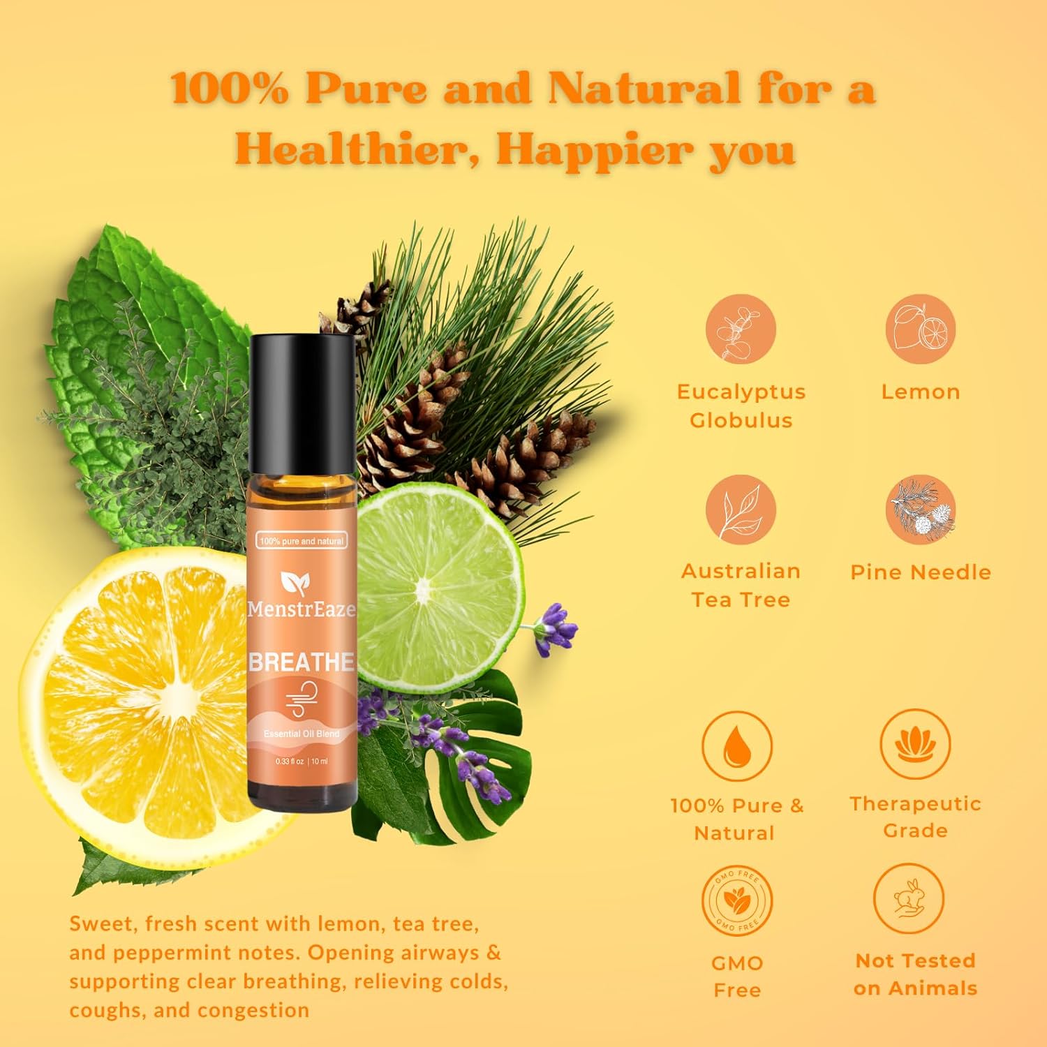 Breathe Essential Oil Roll-On Blend, Therapeutic-Grade Clear Breathing & Energy Boost, 100% Natural & Pure, Pure Blend of Eucalyptus, Peppermint & Australian Tea Tree, 10ml - Image 3