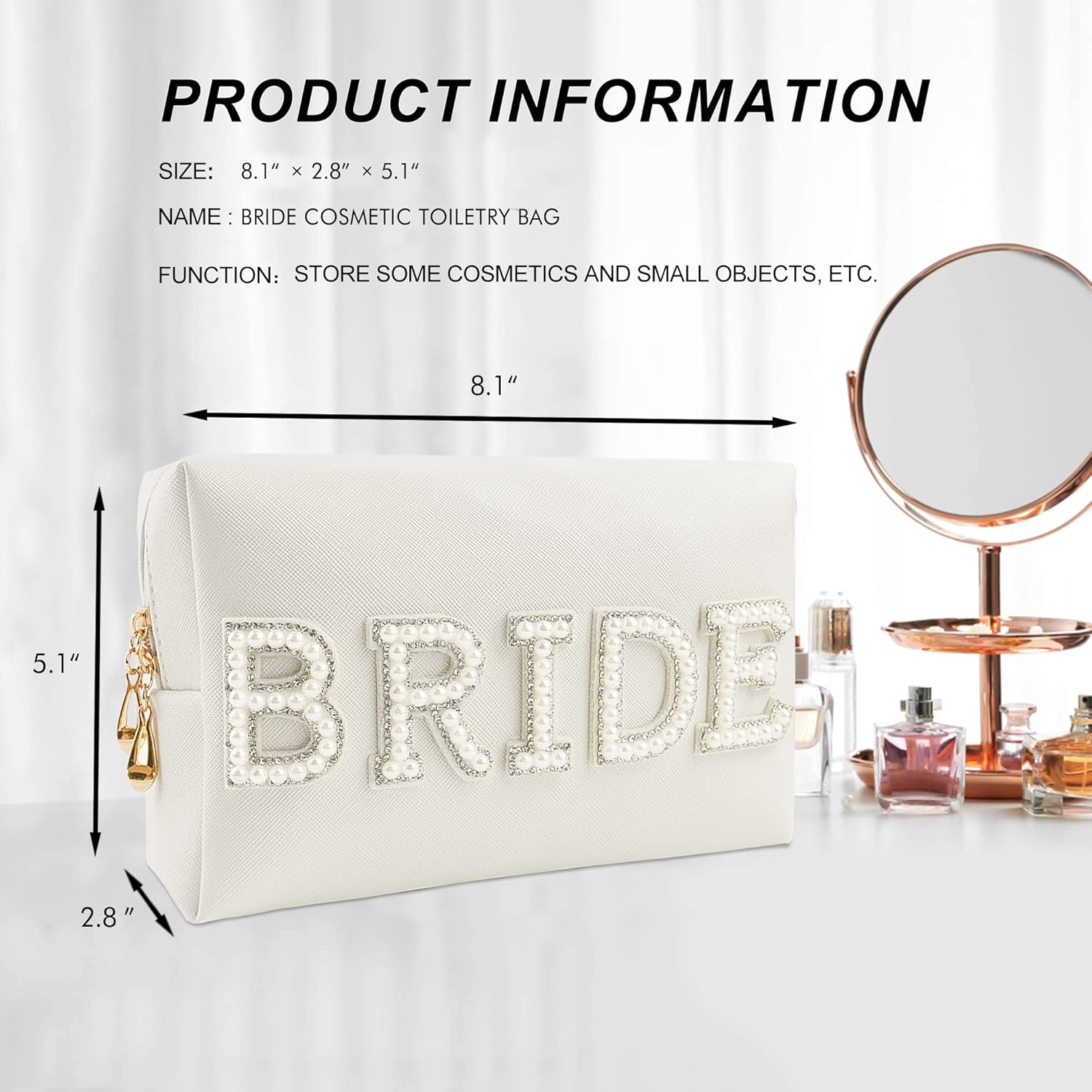 Bride Patch Letter Makeup Bag for Women Bridesmaid Engagement Gift for Her White Pearl Rhinestone Travel Toiletry Bag Make Up Bag Pouch for Purse Bridal Shower Gifts for Engagement Wedding - Image 5