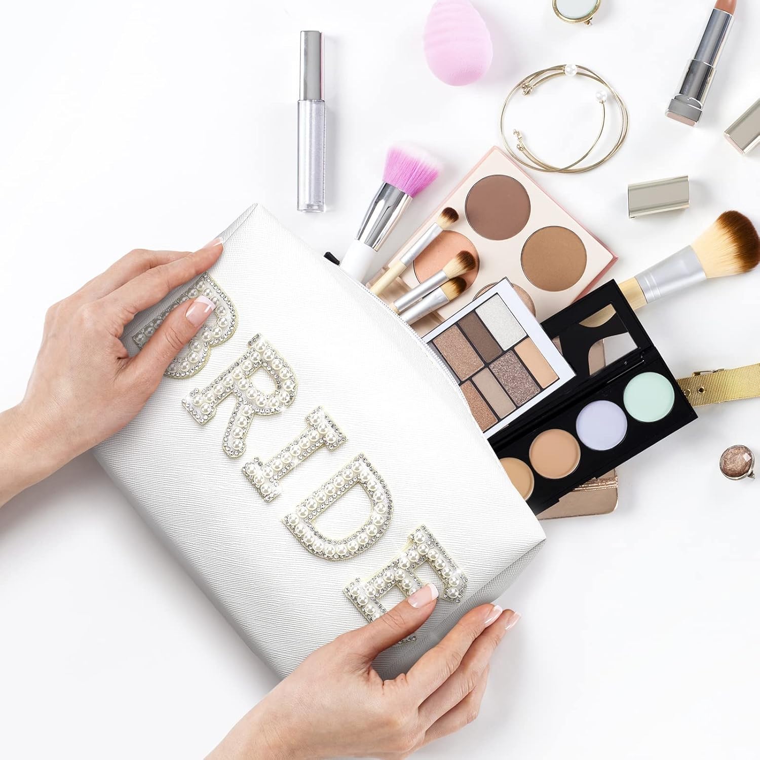 Bride Patch Letter Makeup Bag for Women Bridesmaid Engagement Gift for Her White Pearl Rhinestone Travel Toiletry Bag Make Up Bag Pouch for Purse Bridal Shower Gifts for Engagement Wedding - Image 2