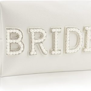 Bride Patch Letter Makeup Bag for Women Bridesmaid Engagement Gift for Her White Pearl Rhinestone Travel Toiletry Bag Make Up Bag Pouch for Purse Bridal Shower Gifts for Engagement Wedding