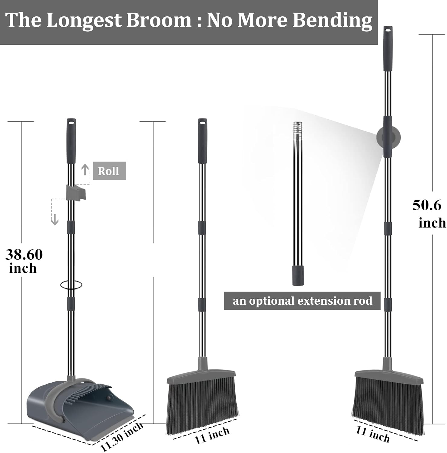 Broom and Dustpan Set, Dust pan with Long Handle, Broom with Dustpan Combo Set, Broom and Dustpan for Home, Indoor or Outdoor Cleaning Tool (Deep Gray&Light Gray) - Image 2