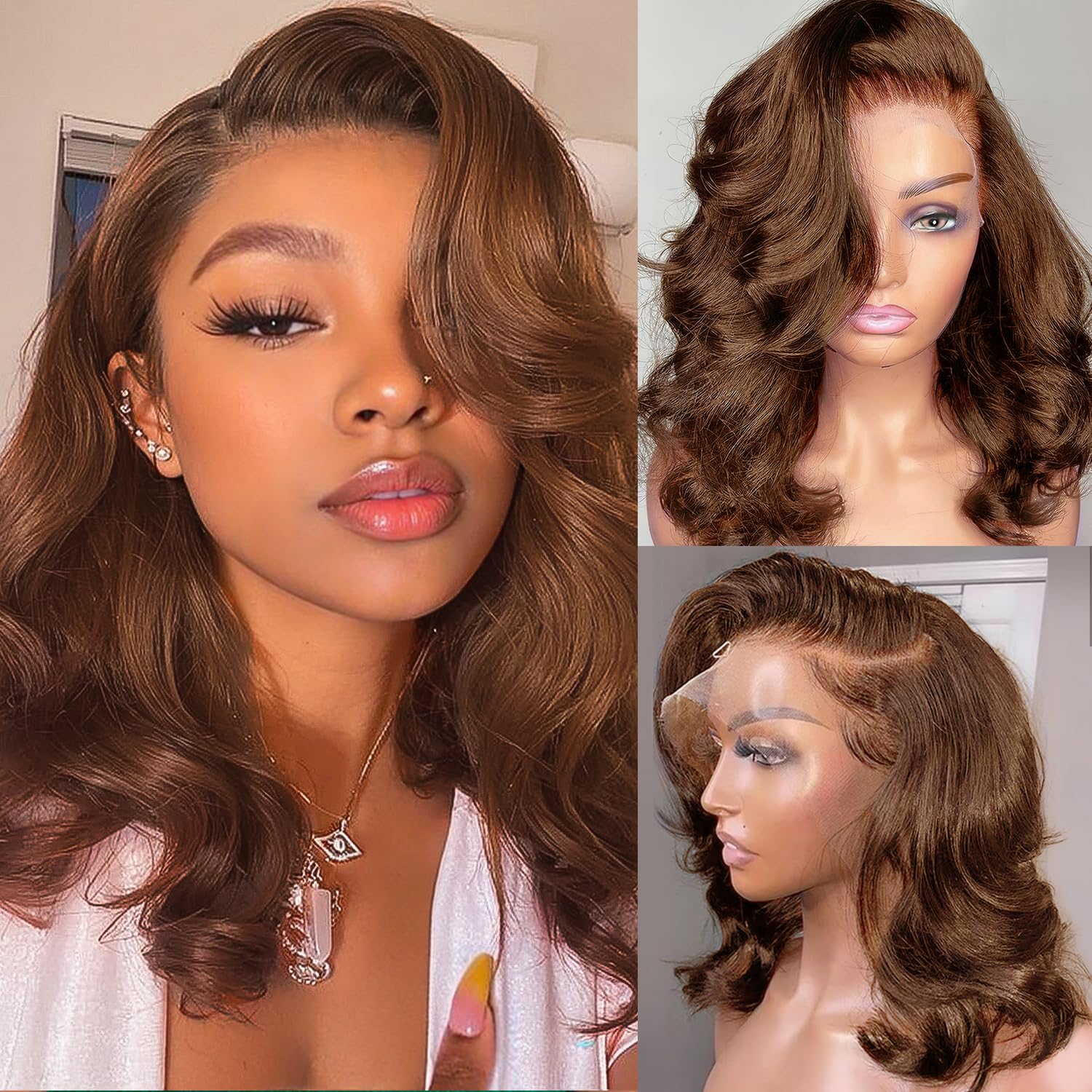 Brown Wig Human Hair 200% Density 13x6 Body Wave Lace Front Wigs Human Hair Pre Plucked Short Wigs for Black Women Glueless Frontal Wig Human Hair Loose Wavy 14 inch