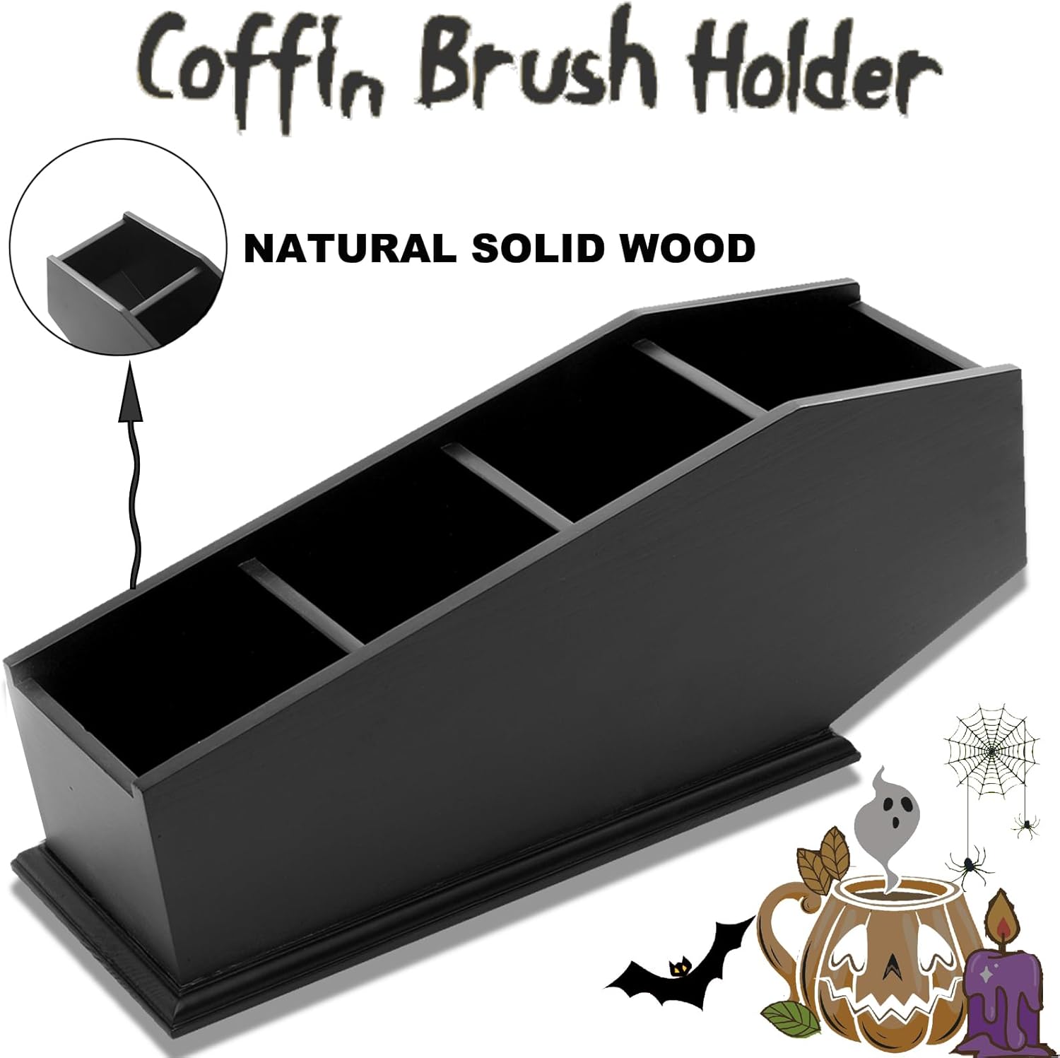 Brush Holder Coffin Makeup Brush Holder Gothic Desk Organizer Black Boxes for Desk Spooky Home Office Desk Organizer-Vanity Organizer and Desk Storage-4 Compartments - Image 6