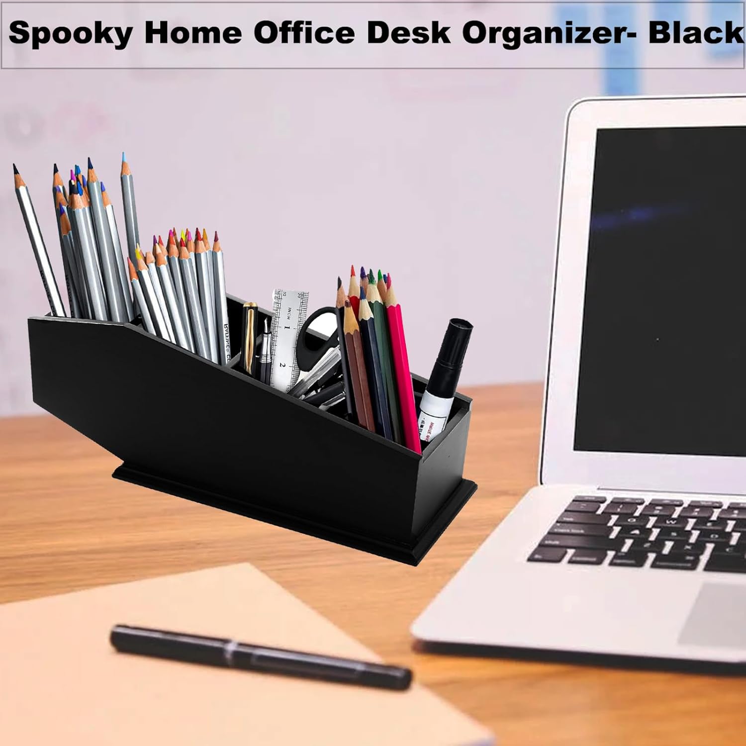 Brush Holder Coffin Makeup Brush Holder Gothic Desk Organizer Black Boxes for Desk Spooky Home Office Desk Organizer-Vanity Organizer and Desk Storage-4 Compartments - Image 5