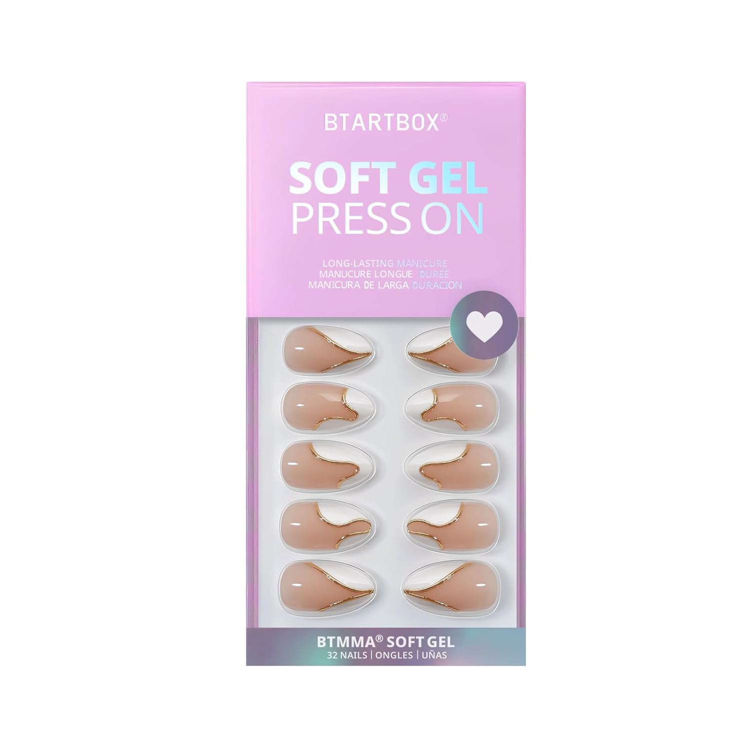 BTArtbox Press On Nails Almond - Designed White French Tip Press On Nails Short with Gold Foil, Glue On Nails for Winter Day Gifts, Stick On Nails in 16 Sizes - 30 Nail Kit, Tiny Gloden - Image 3