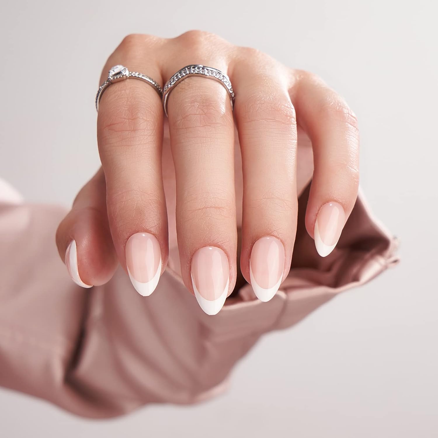 BTArtbox Press On Nails Short - French Tip Press On Nails, Almond Fake Nails White with Nail Glue, Fit Perfectly & Natural Reusable Stick On Nails in 15 Sizes Glue On Nails Kit, White French