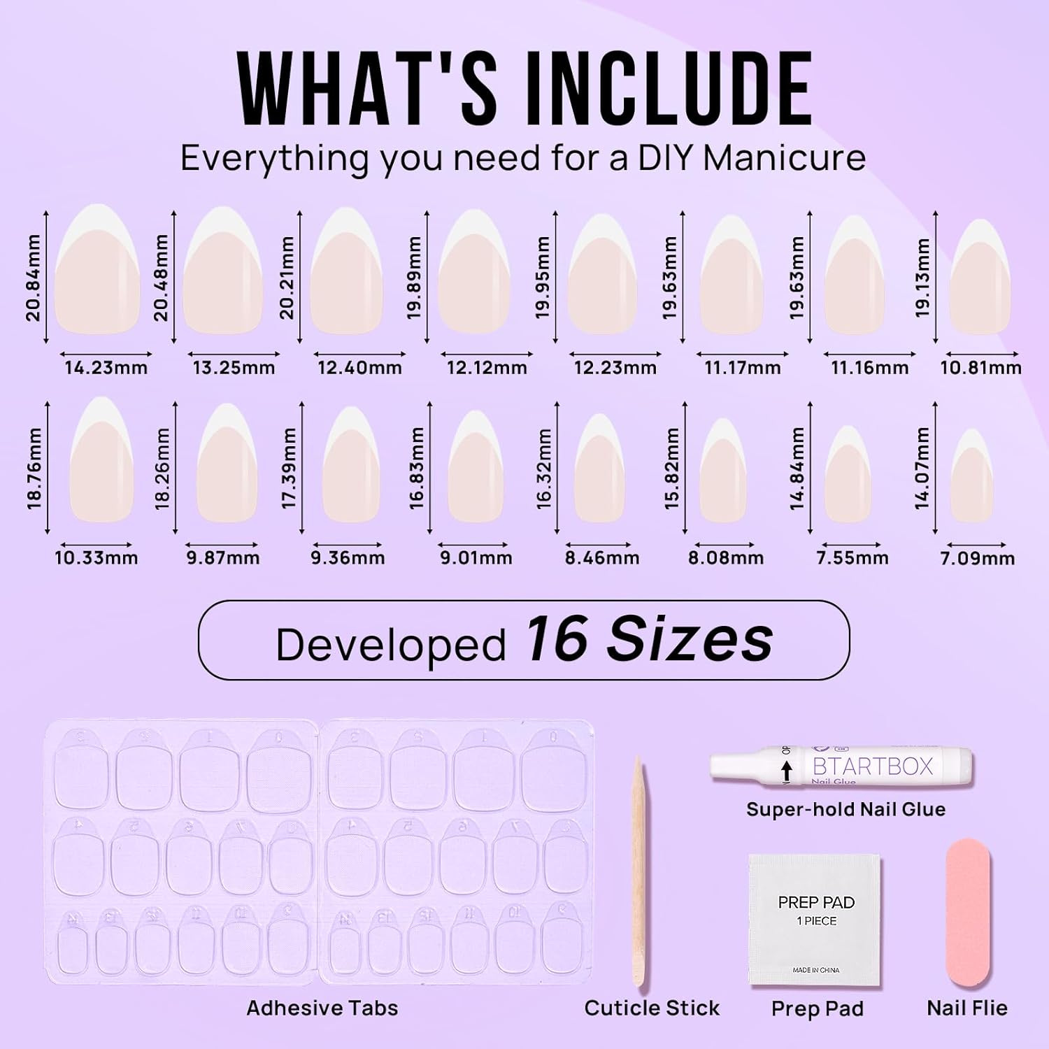 BTArtbox Press On Nails Short - French Tip Press On Nails, Almond Fake Nails White with Nail Glue, Fit Perfectly & Natural Reusable Stick On Nails in 15 Sizes Glue On Nails Kit, White French - Image 5