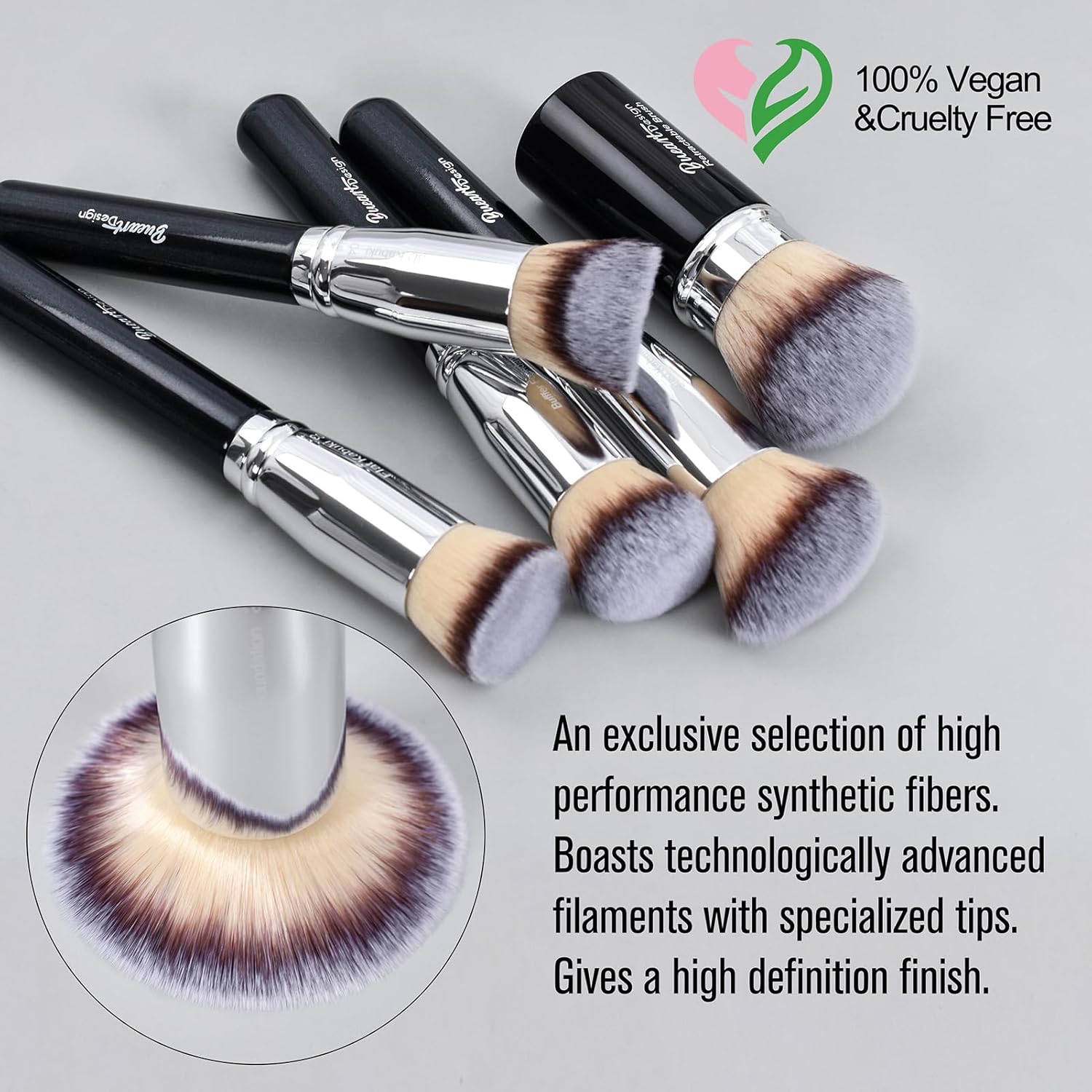 Bueart Design Essential Makeup Brushes set With Travel Retractable Powder Brush vegan Hair for Foundation concealer eyeshadow face Contour Brush (10Pcs Pearl Black) - Image 9