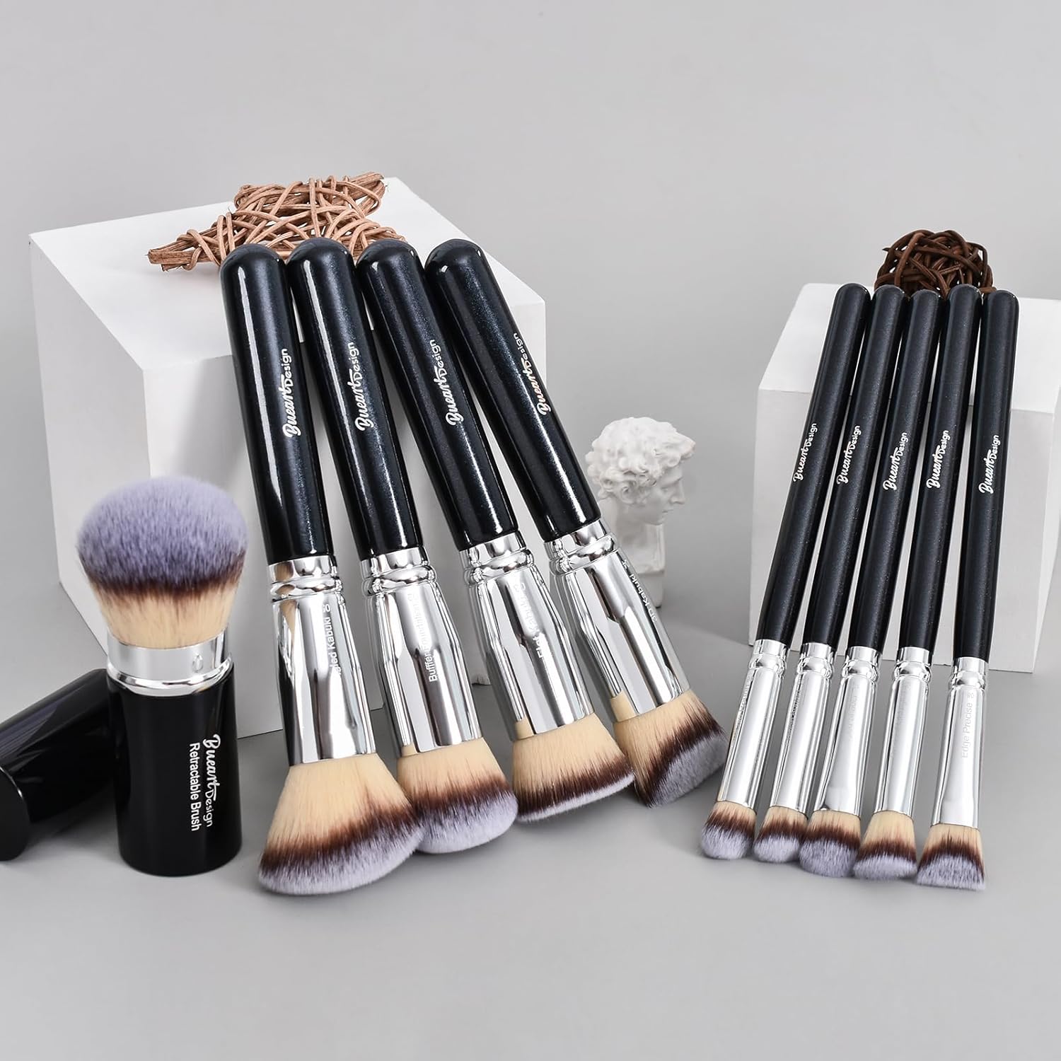 Bueart Design Essential Makeup Brushes set With Travel Retractable Powder Brush vegan Hair for Foundation concealer eyeshadow face Contour Brush (10Pcs Pearl Black) - Image 2