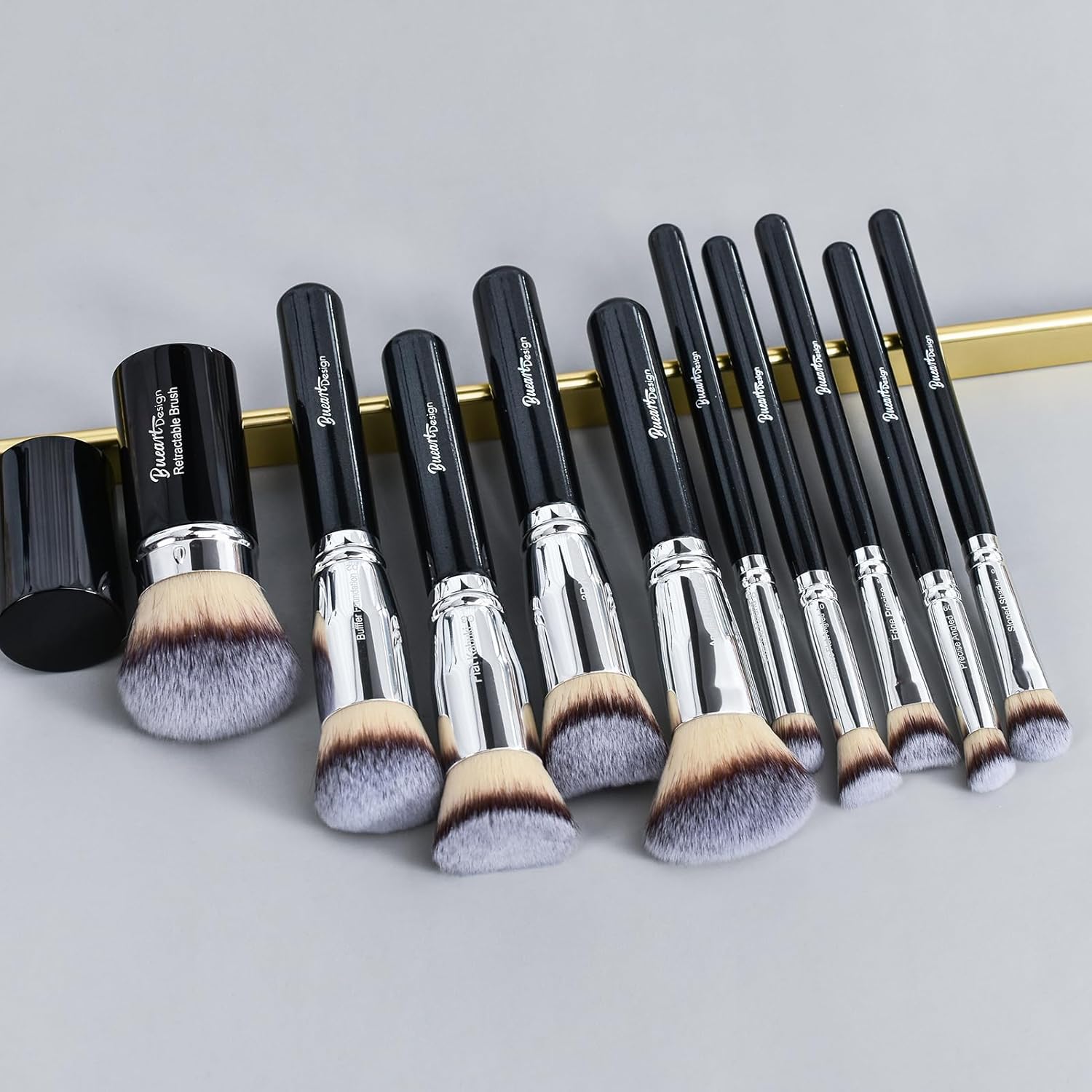 Bueart Design Essential Makeup Brushes set With Travel Retractable Powder Brush vegan Hair for Foundation concealer eyeshadow face Contour Brush (10Pcs Pearl Black) - Image 7