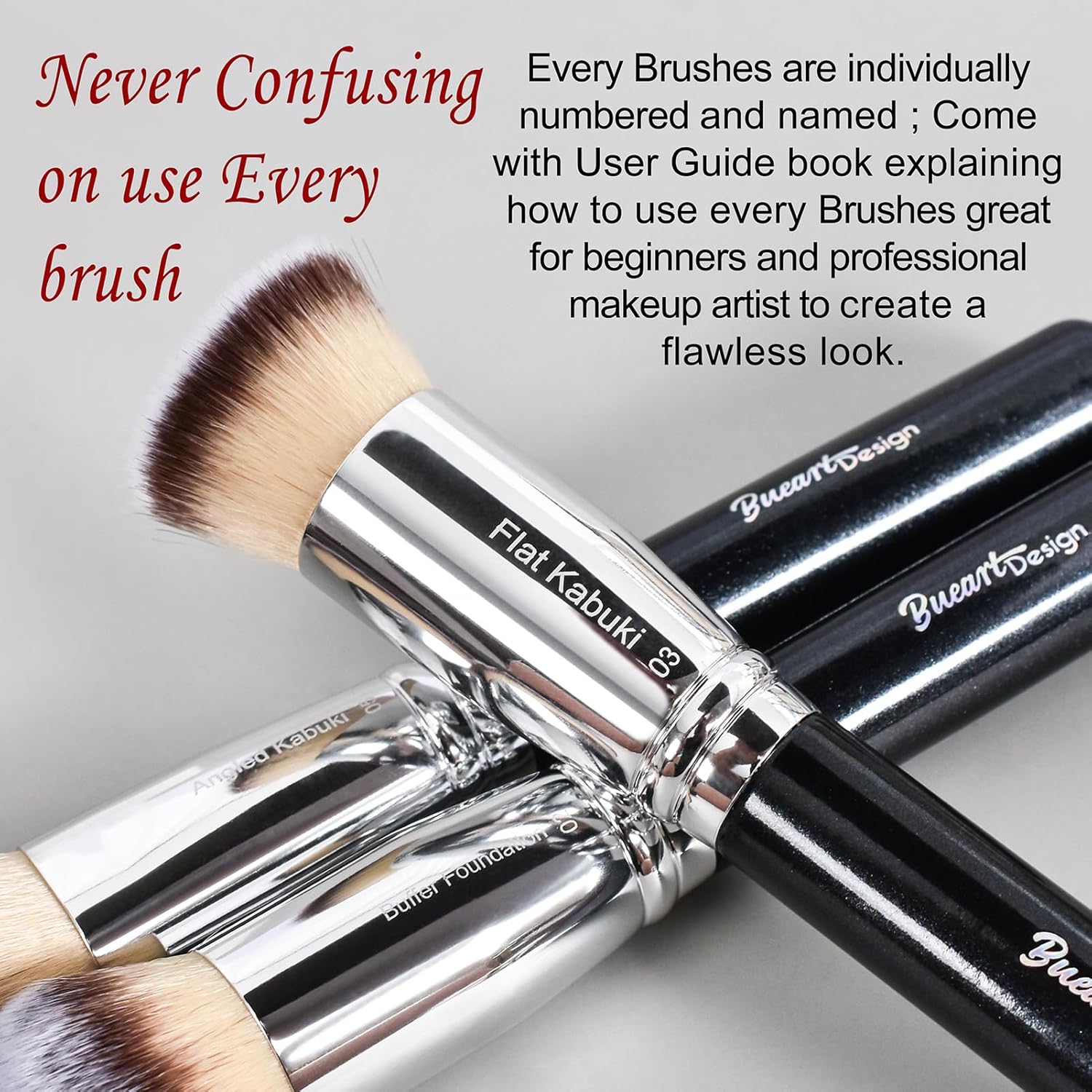 Bueart Design Essential Makeup Brushes set With Travel Retractable Powder Brush vegan Hair for Foundation concealer eyeshadow face Contour Brush (10Pcs Pearl Black) - Image 6
