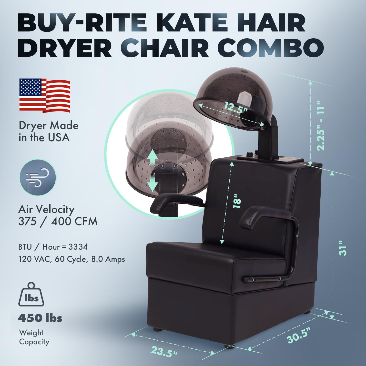 Buy-Rite Kate Professional Hair Dryer & Chair Combo - 980W Hooded Salon Hair Dryer with Timer, 4 Temp Settings, Removable Arms & Wood Frame Chair, Commercial Use, Black, OD-431HL-1500 - Image 3