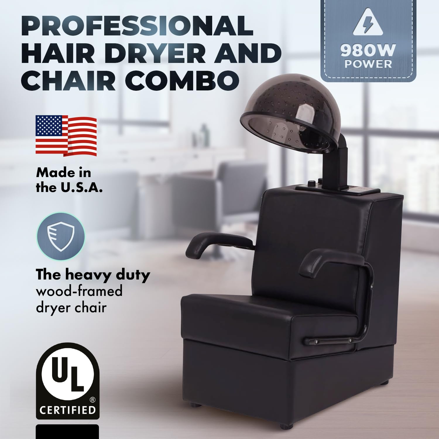 Buy-Rite Kate Professional Hair Dryer & Chair Combo - 980W Hooded Salon Hair Dryer with Timer, 4 Temp Settings, Removable Arms & Wood Frame Chair, Commercial Use, Black, OD-431HL-1500 - Image 4
