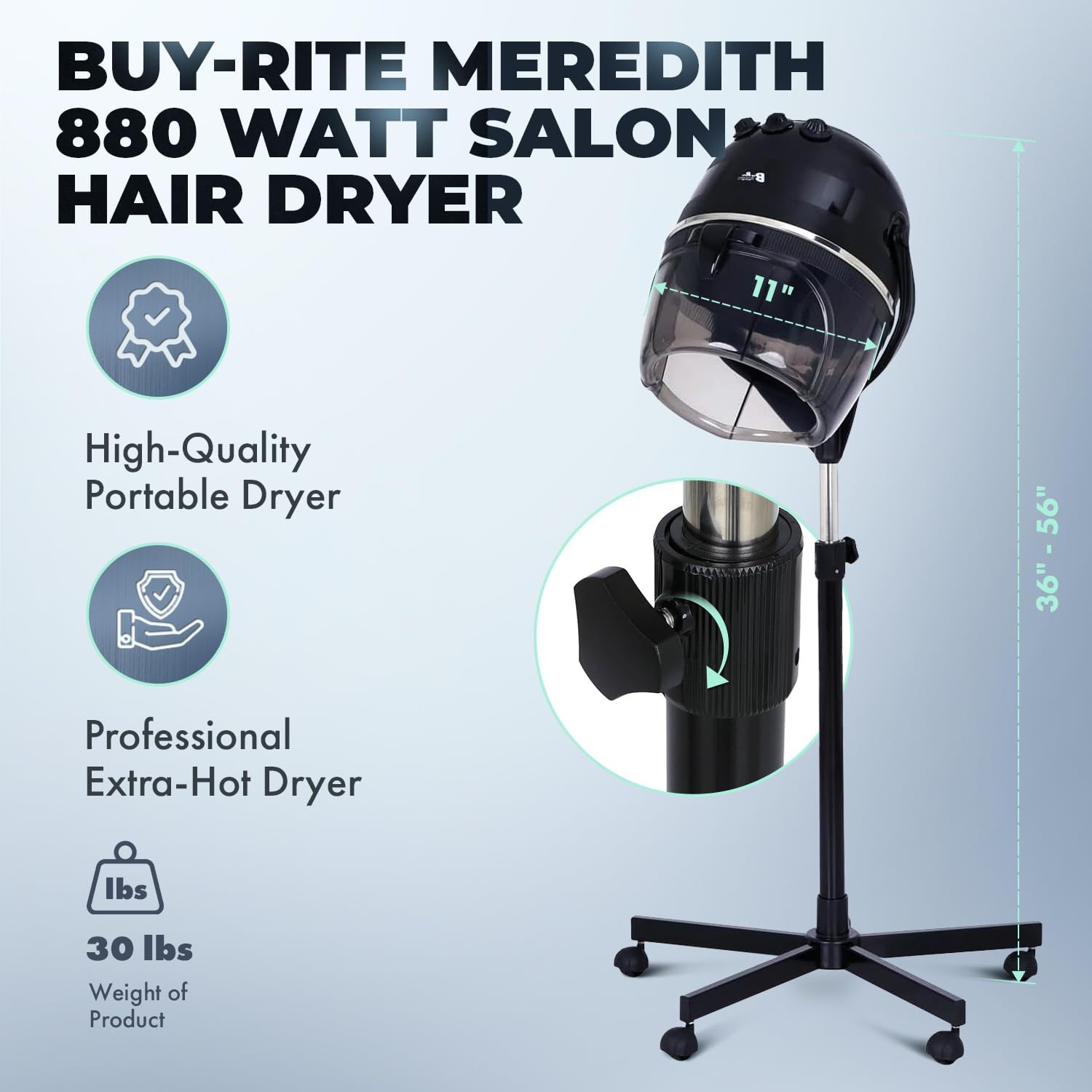 Buy-Rite Meredith 880 Watt Salon Hair Dryer, Sturdy 5-Star Caster Fully Adjustable Height, 60 Minute Timer, Automatic Shut-Off, Numerical Temp Control & 6 Option Fan Control, MEI-1028 - Image 2