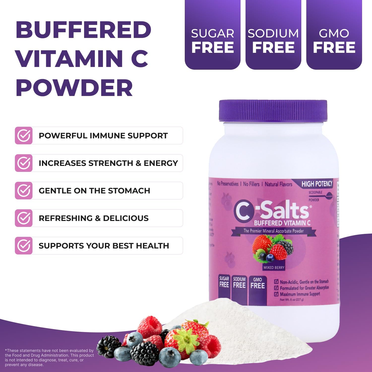 C-Salts Original Vitamin C Powder Supplement - 100% Pure High Dose Buffered Vitamin C Powder for Immune Support - Sugar-Free Powdered Drink Ascorbate, Organic, Stomach-Friendly, Mixed Berry 8oz - Image 6
