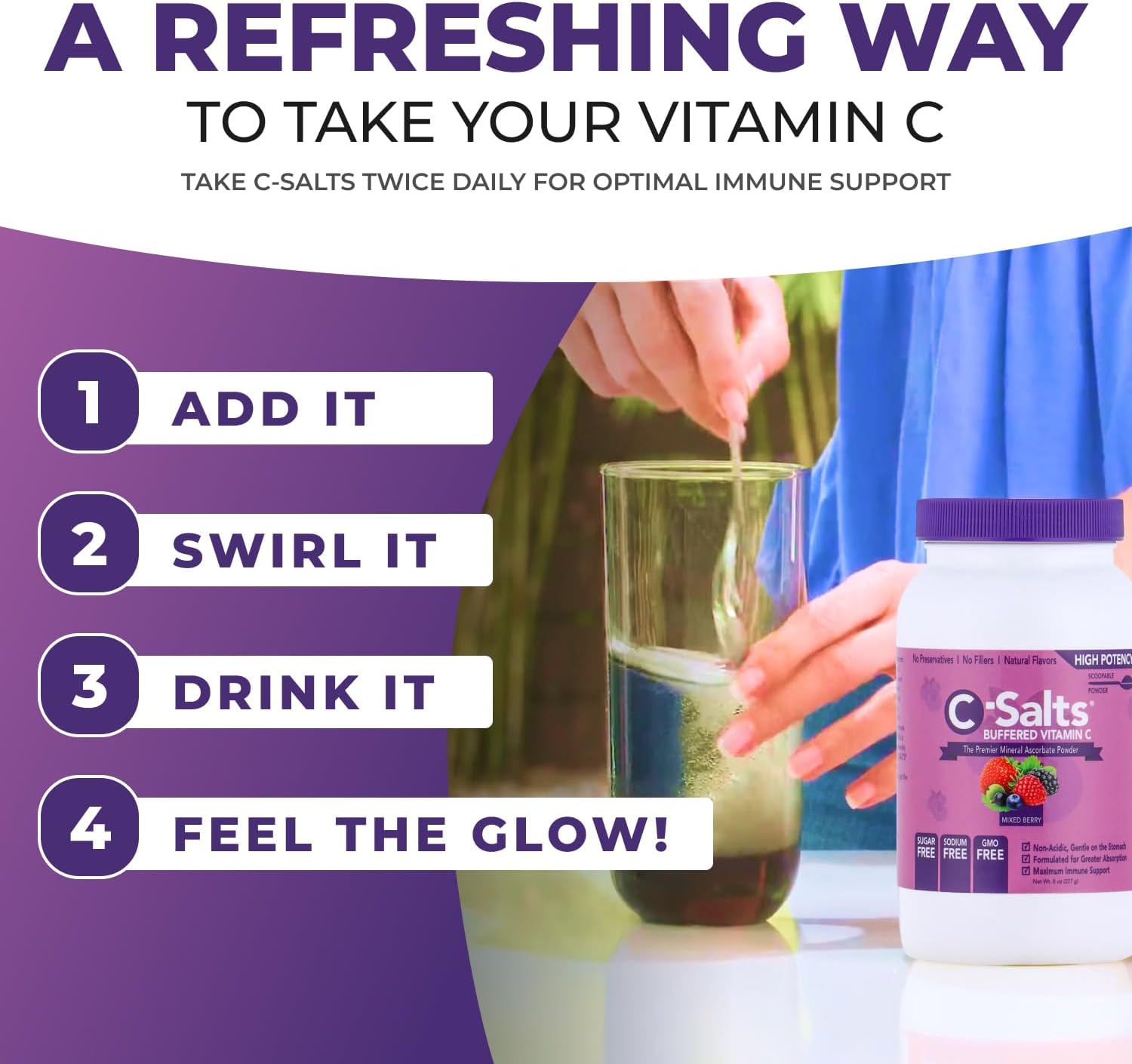 C-Salts Original Vitamin C Powder Supplement - 100% Pure High Dose Buffered Vitamin C Powder for Immune Support - Sugar-Free Powdered Drink Ascorbate, Organic, Stomach-Friendly, Mixed Berry 8oz - Image 3