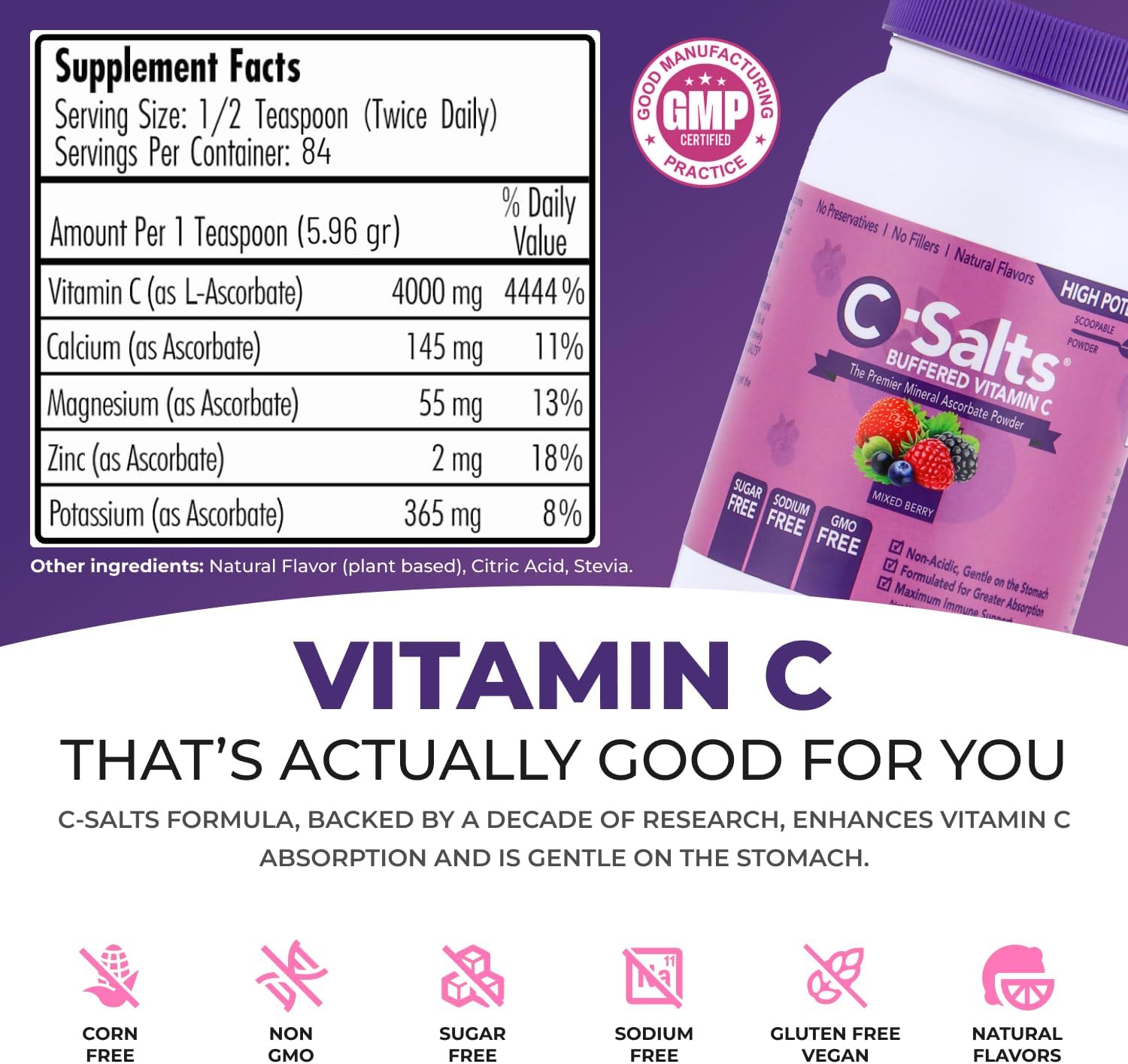 C-Salts Original Vitamin C Powder Supplement - 100% Pure High Dose Buffered Vitamin C Powder for Immune Support - Sugar-Free Powdered Drink Ascorbate, Organic, Stomach-Friendly, Mixed Berry 8oz - Image 2